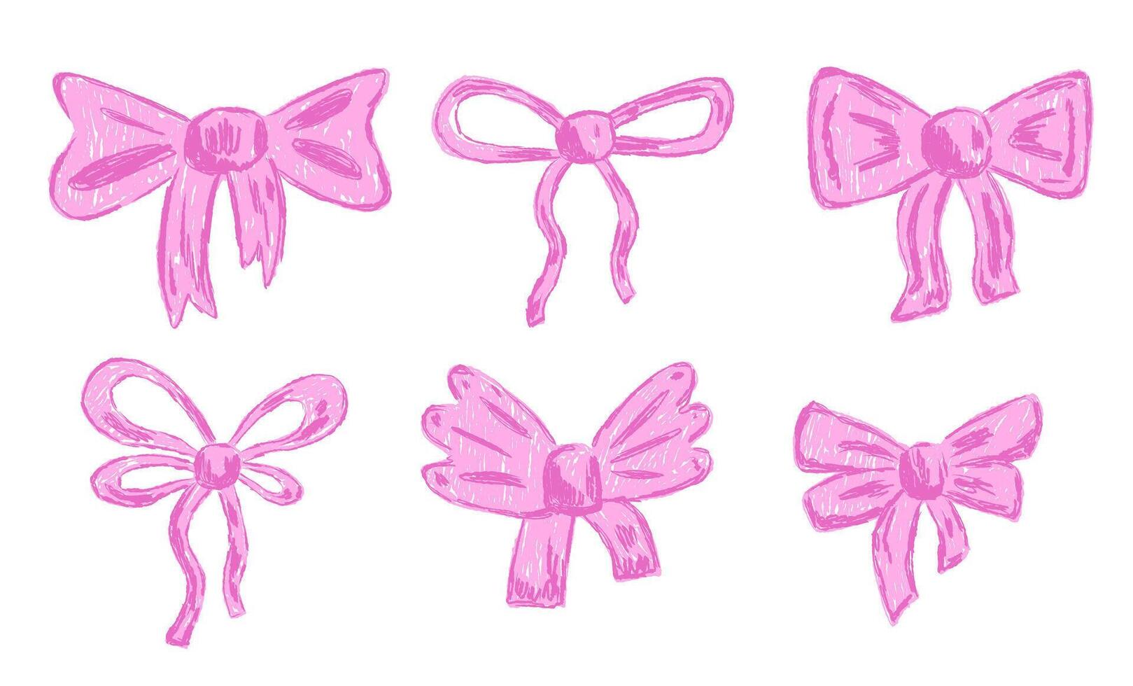 Set of pink coquette bow with ribbon drawn with crayon pencil texture vector