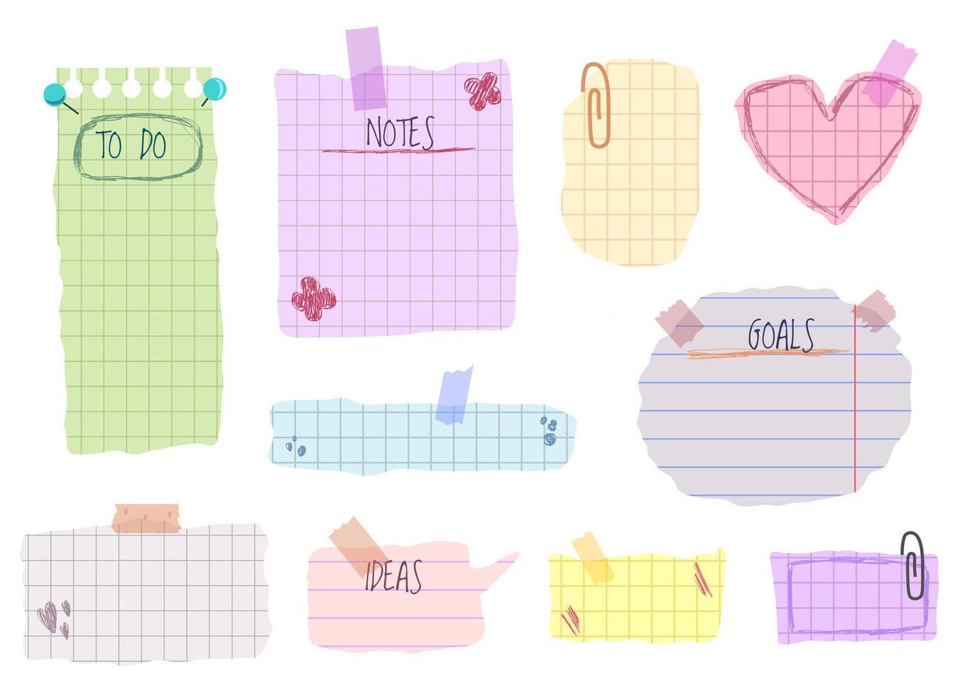 Memo stickers and speech bubbles with pinned rip paper. Vision board template vector