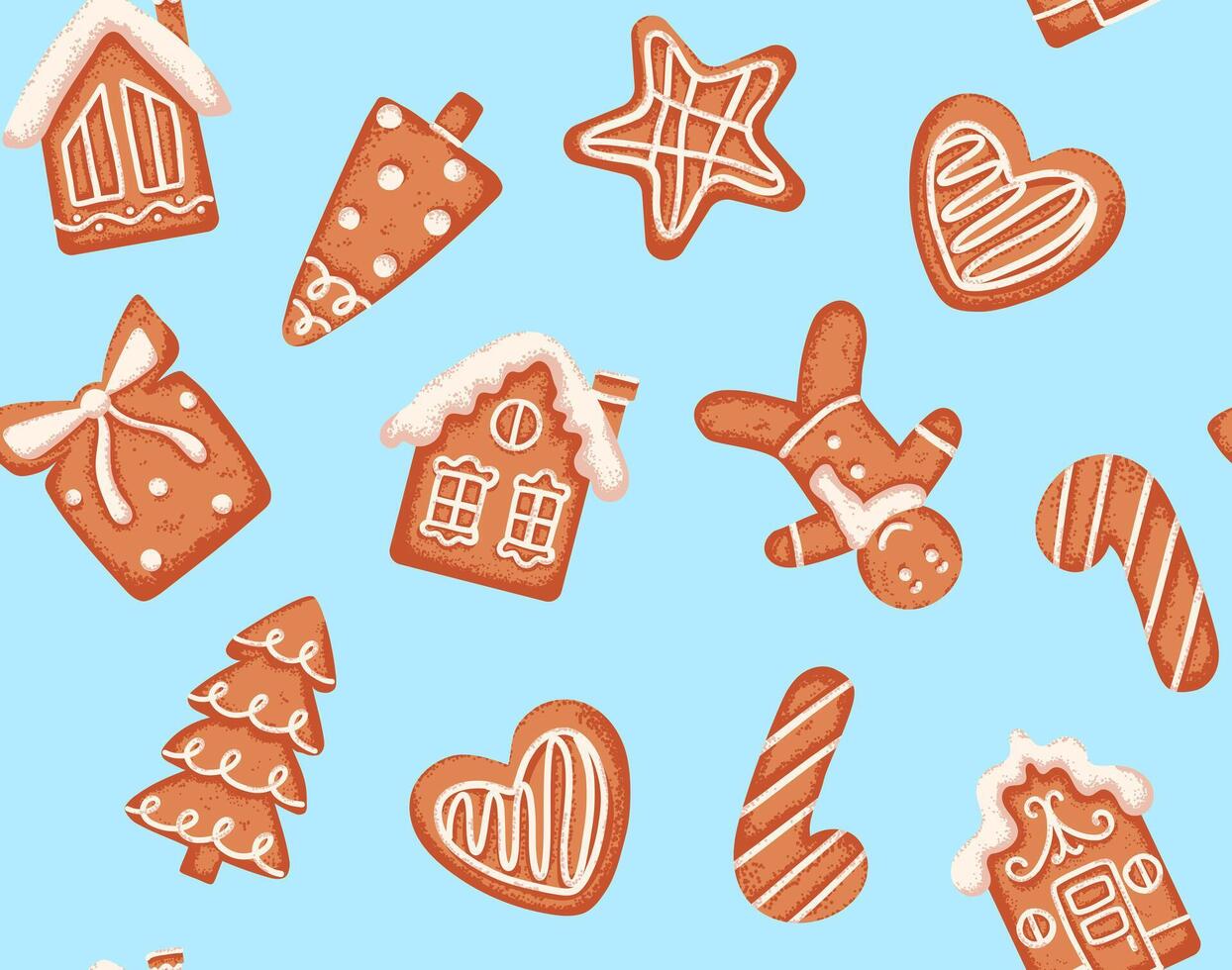 Seamless pattern of Christmas gingerbread cookie house, heart and star on blue background vector