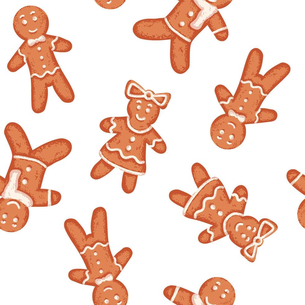 Seamless pattern of Christmas gingerbread man cookie with grainy texture vector