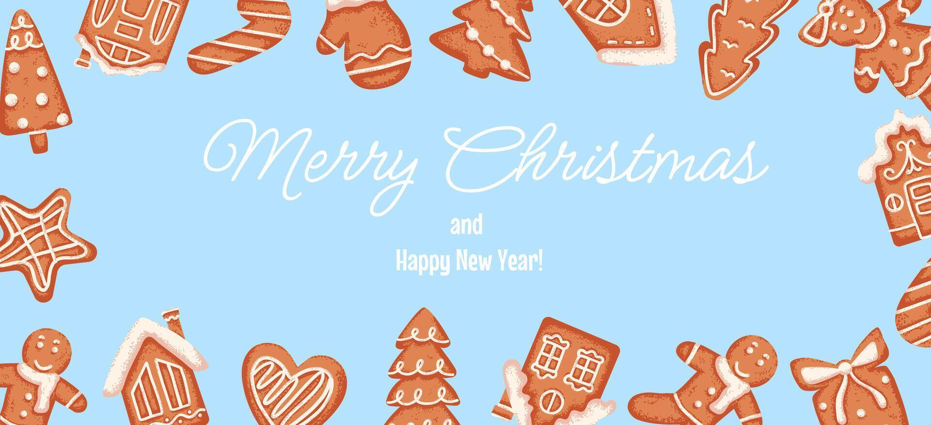Christmas banner with gingerbread cookie and greeting text. Holiday illustration vector