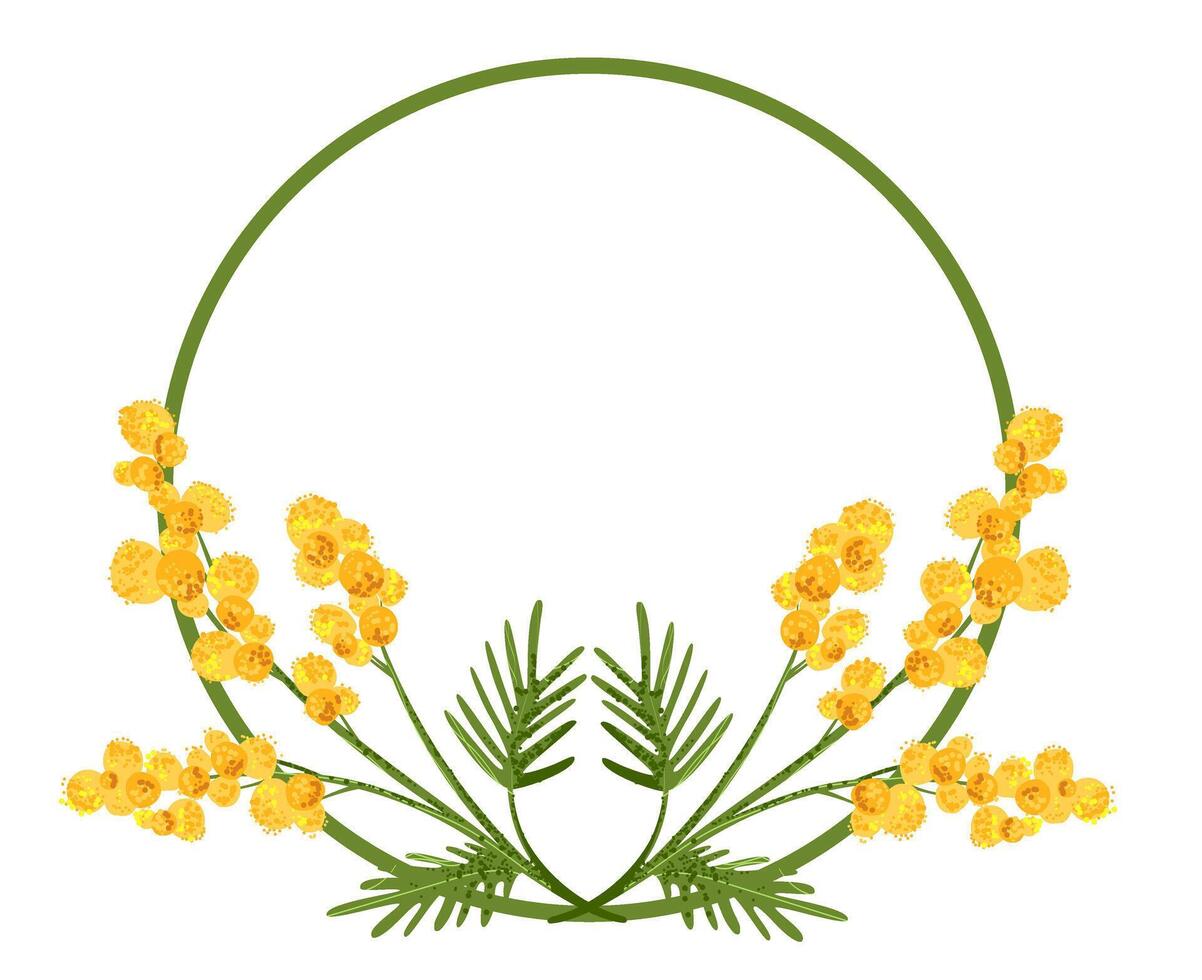Circle frame with yellow mimosa flower in flat style with grainy texture vector