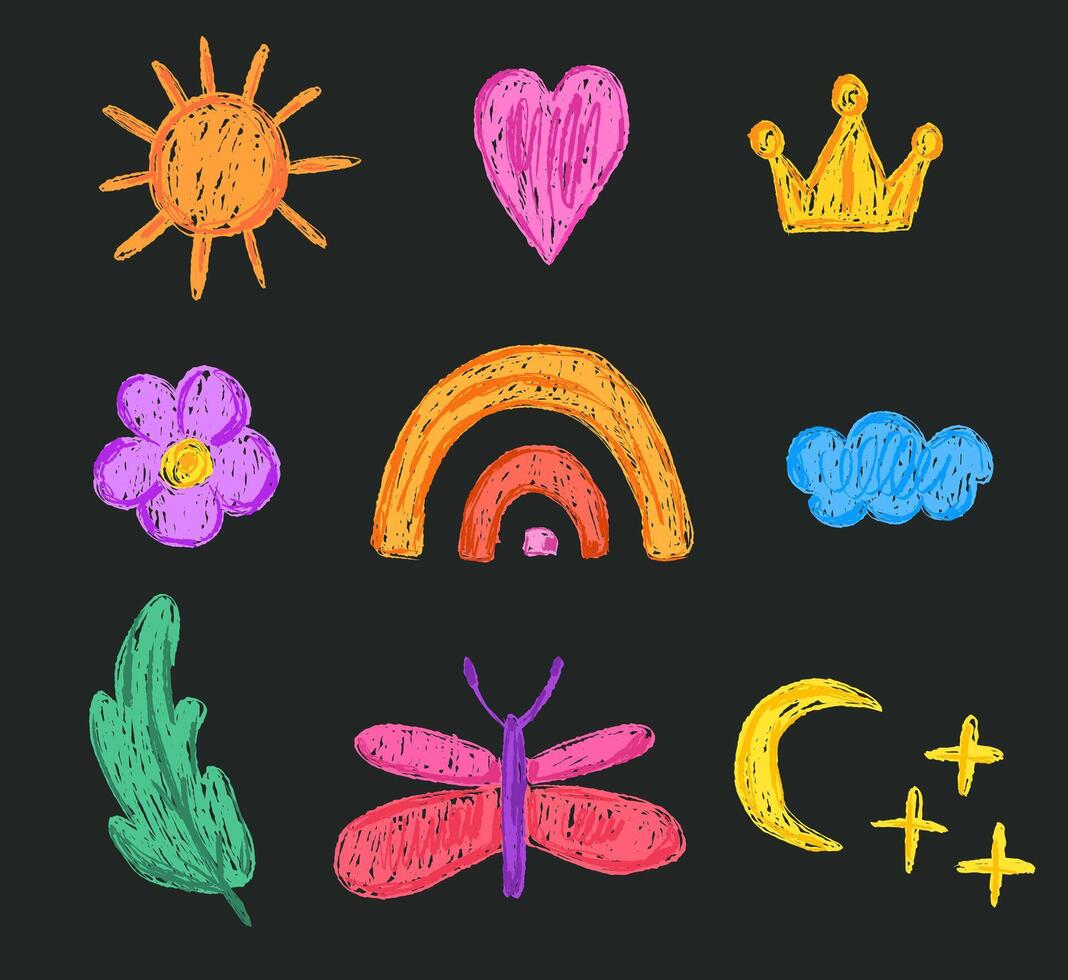 Childlike set of with rainbow and butterfly drawn with crayon pencil texture on dark blackboard vector