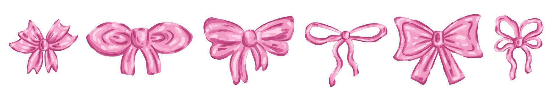 Set of pink watercolor bow with ribbon drawn in girly coquette style vector