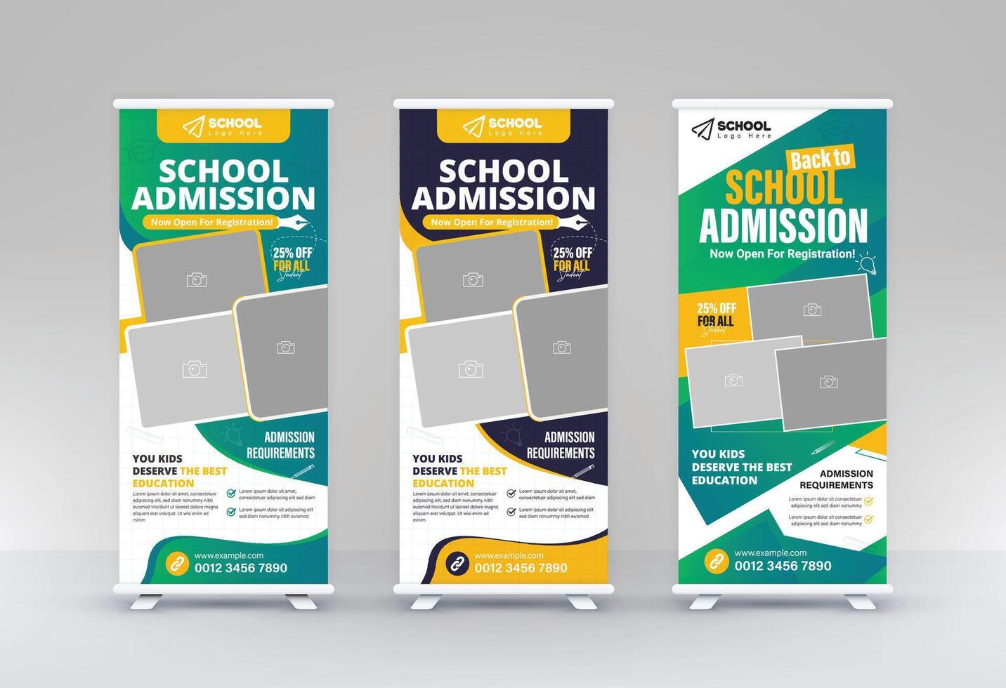 Back to School Admission standee rollup 3 design modern education Business signage pullup higher study Eye Catching vertical x banner set vector