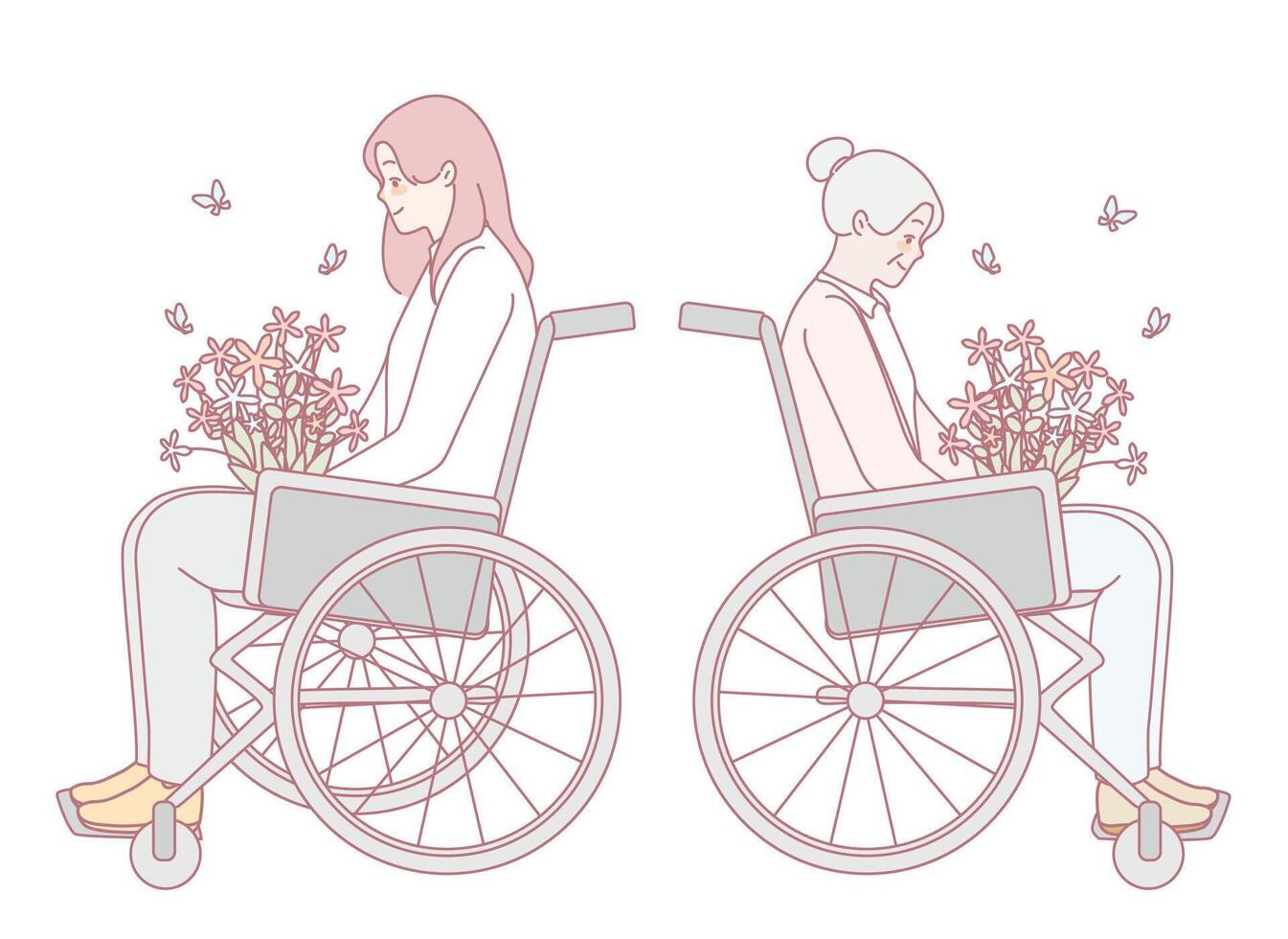 Two Individuals in Wheelchairs Surrounded by Beautiful Flowers and Natures Splendor vector