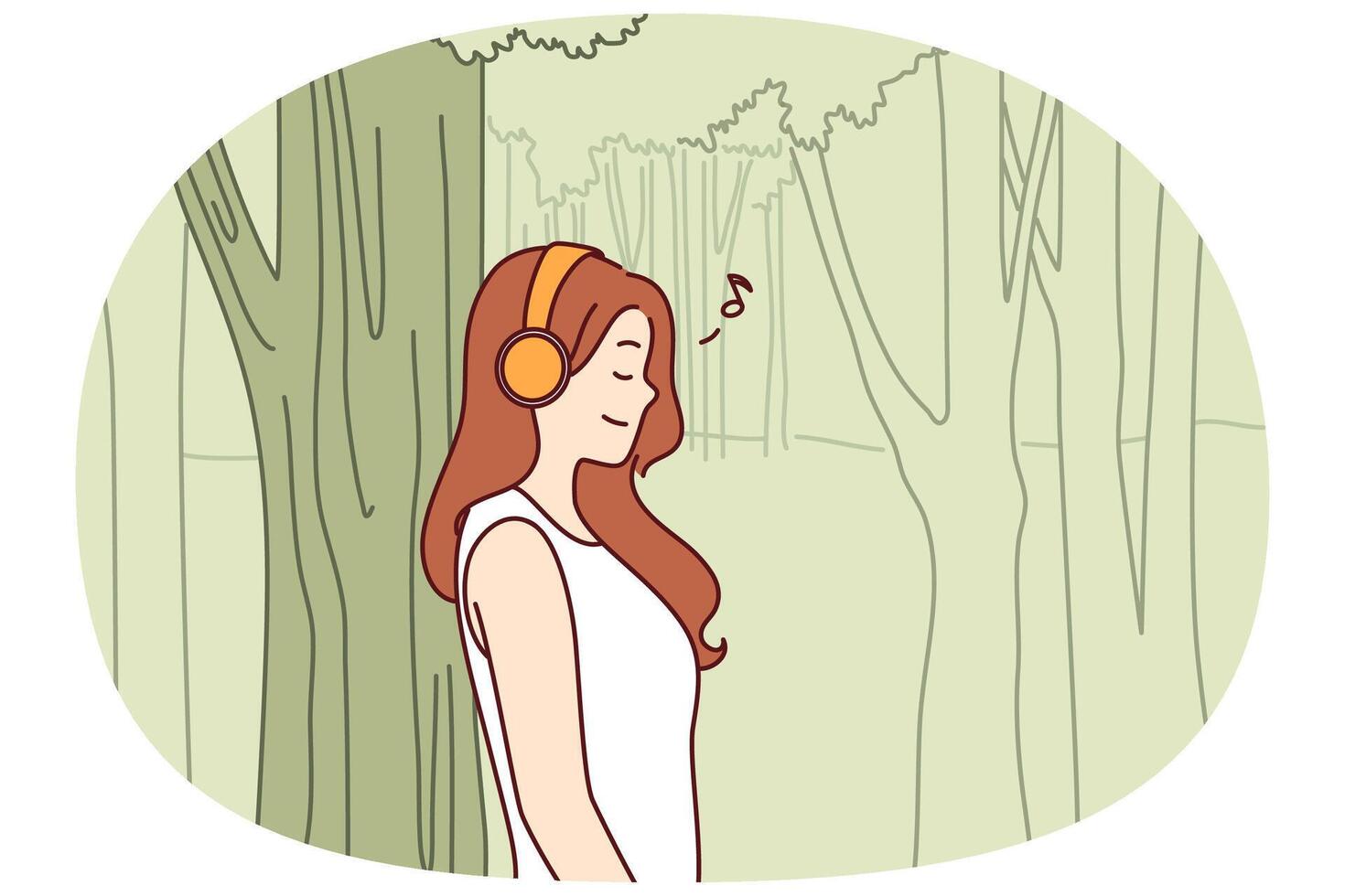 Woman listens to music through headphones standing in park near tall tree and enjoying good weather vector
