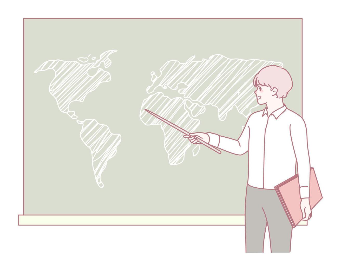 A teacher is presenting a world map to a group of attentive students in a classroom setting vector