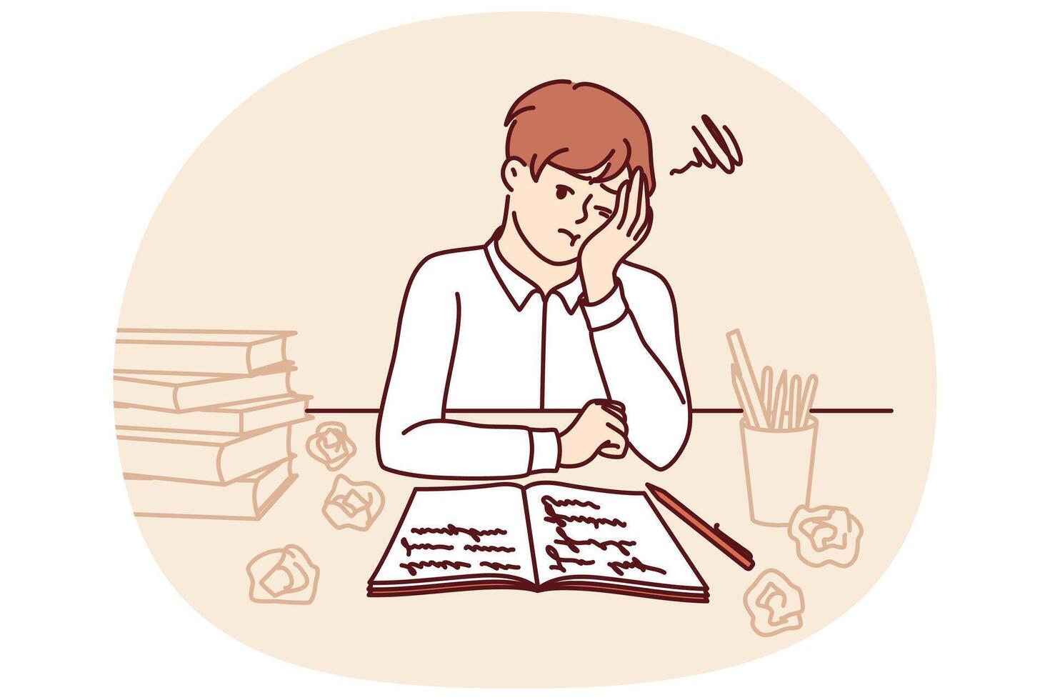 Thinking little schoolboy does homework sitting at table with books and workbook vector