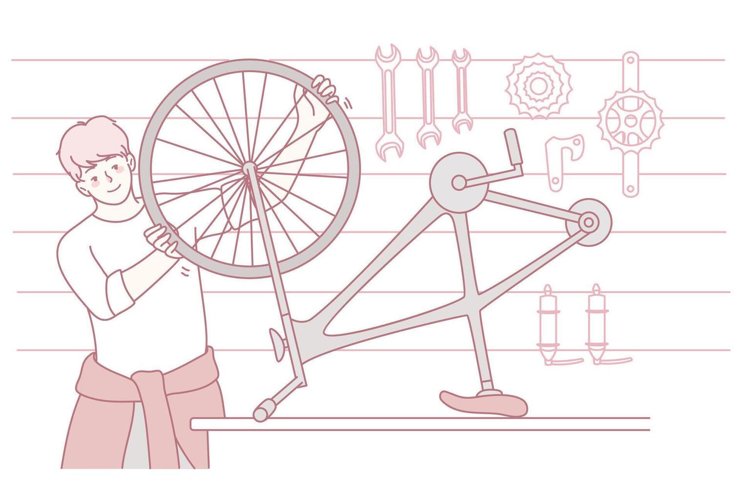 Illustration of a workshop for bicycle repair and maintenance, highlighting skilled craftsmanship vector