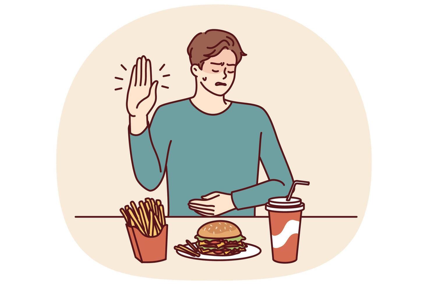 Man suffering from gastritis refuses fast food that causes pain in abdomen on advice of nutritionist vector