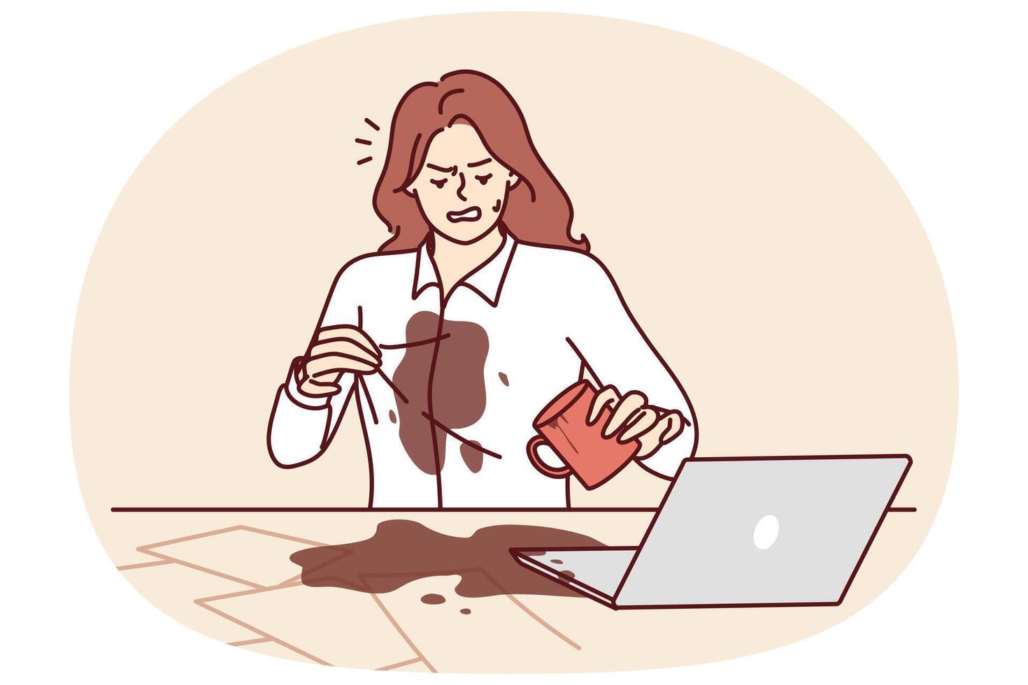 Woman spilled coffee on shirt doing office work and sitting at table with laptops and documents vector