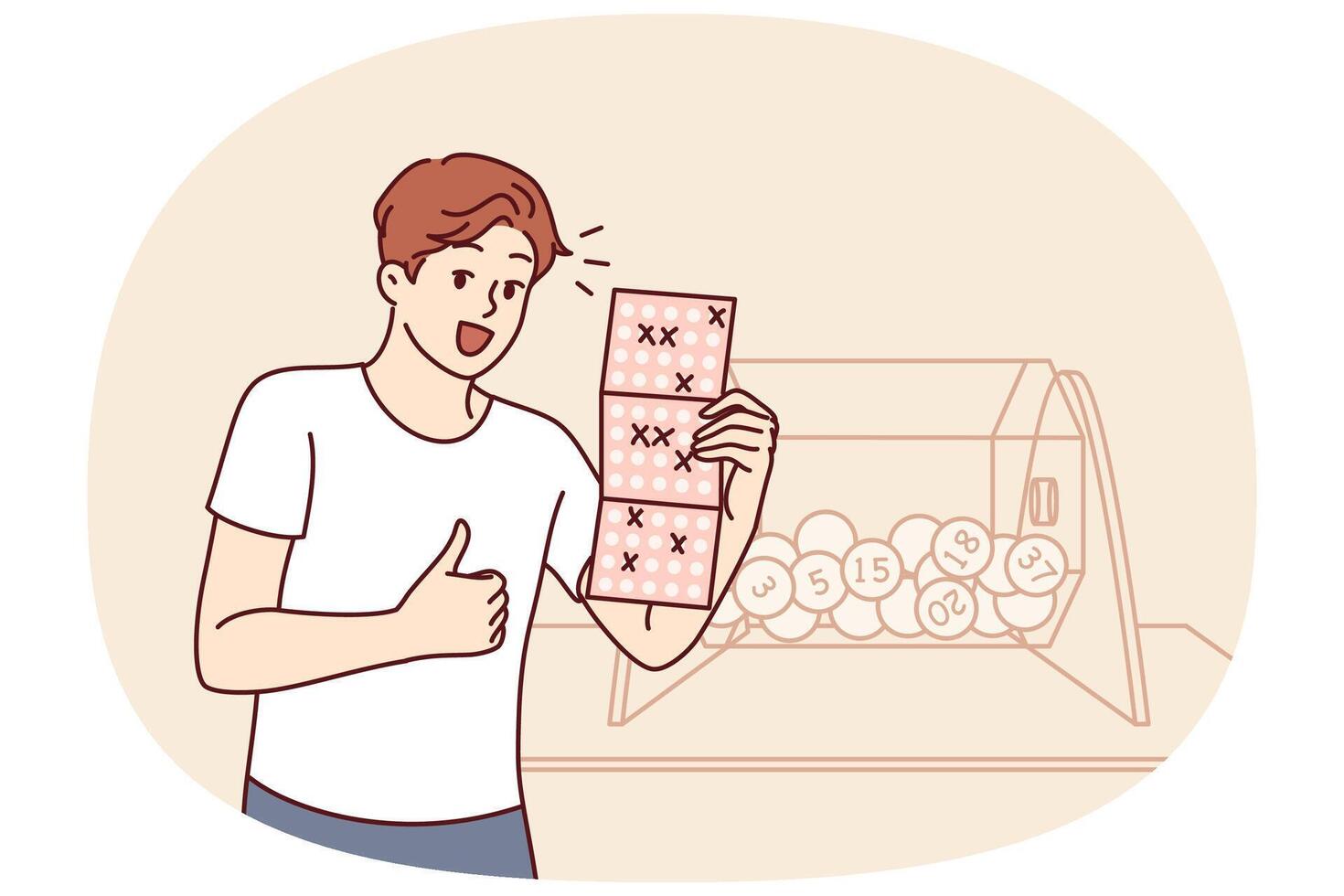 Man won bingo lottery happily demonstrates winning ticket and stands near transparent box with balls vector