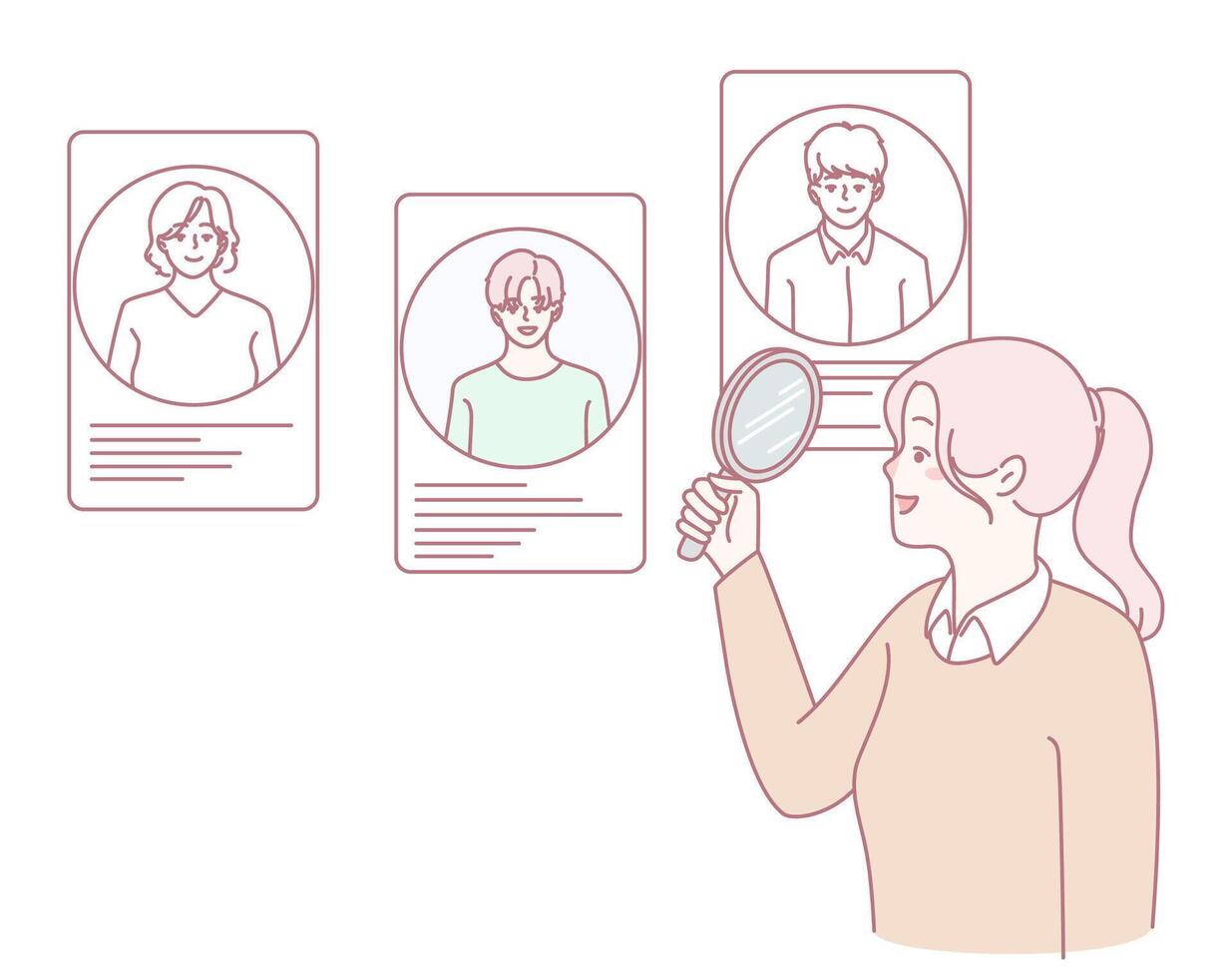 A dedicated woman meticulously analyzing job profiles with a magnifying glass in detail vector