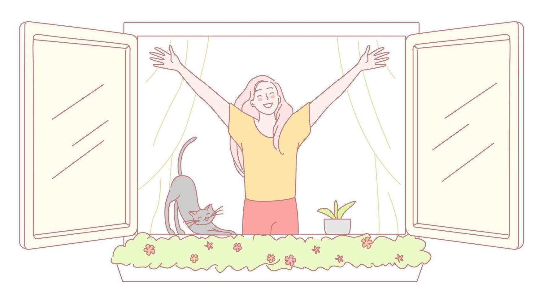 A Joyful and Blissful Morning with My Beloved Pet Sitting by the Window, Enjoying Life vector