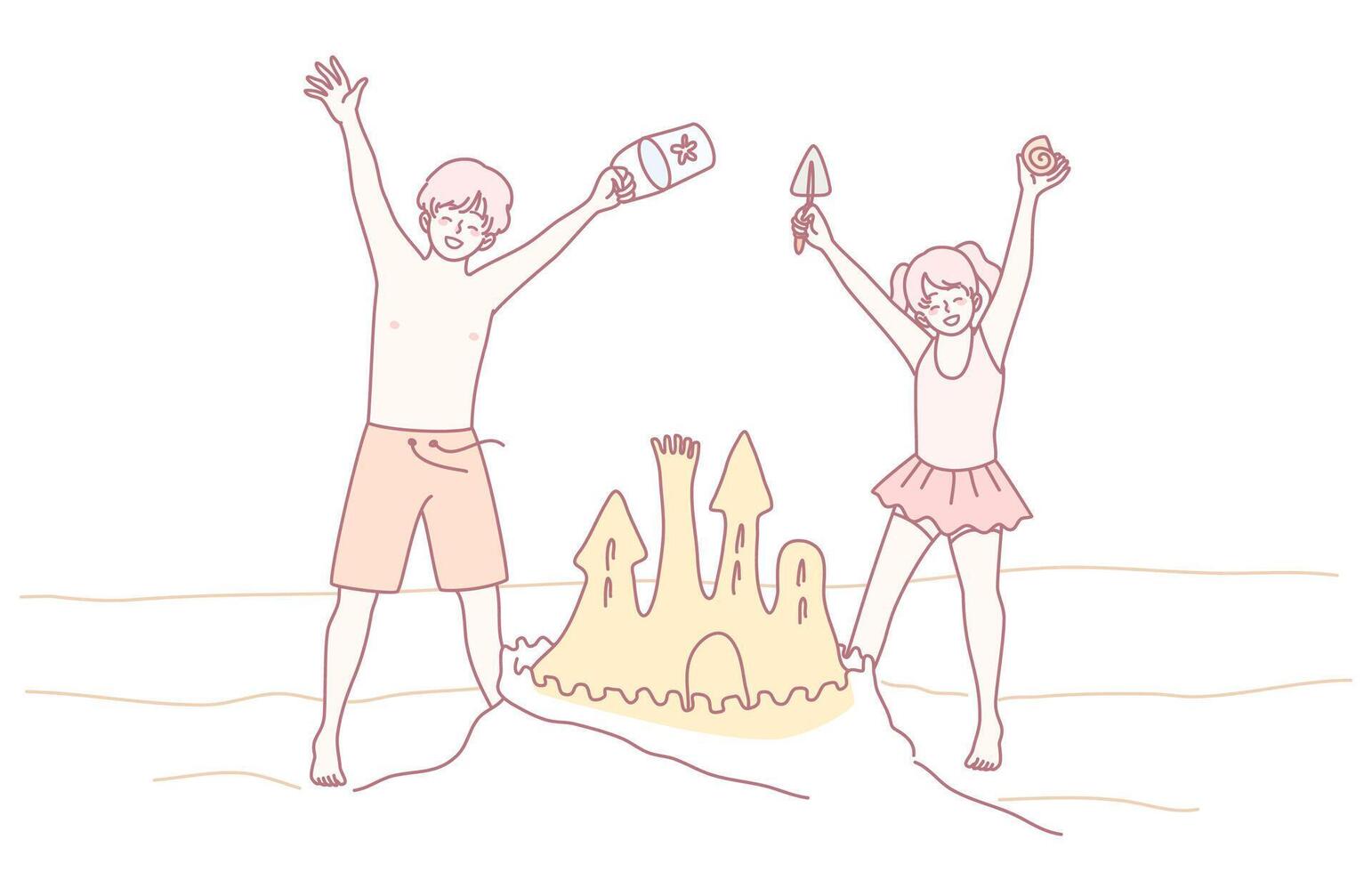 Joyful Children Enthusiastically Building a Colorful Sandcastle at the Beach with Smiles vector