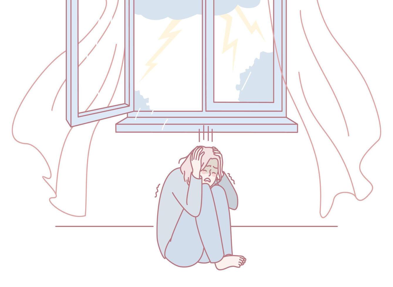 This is an illustration depicting a person who is feeling anxious and fearful during a storm vector
