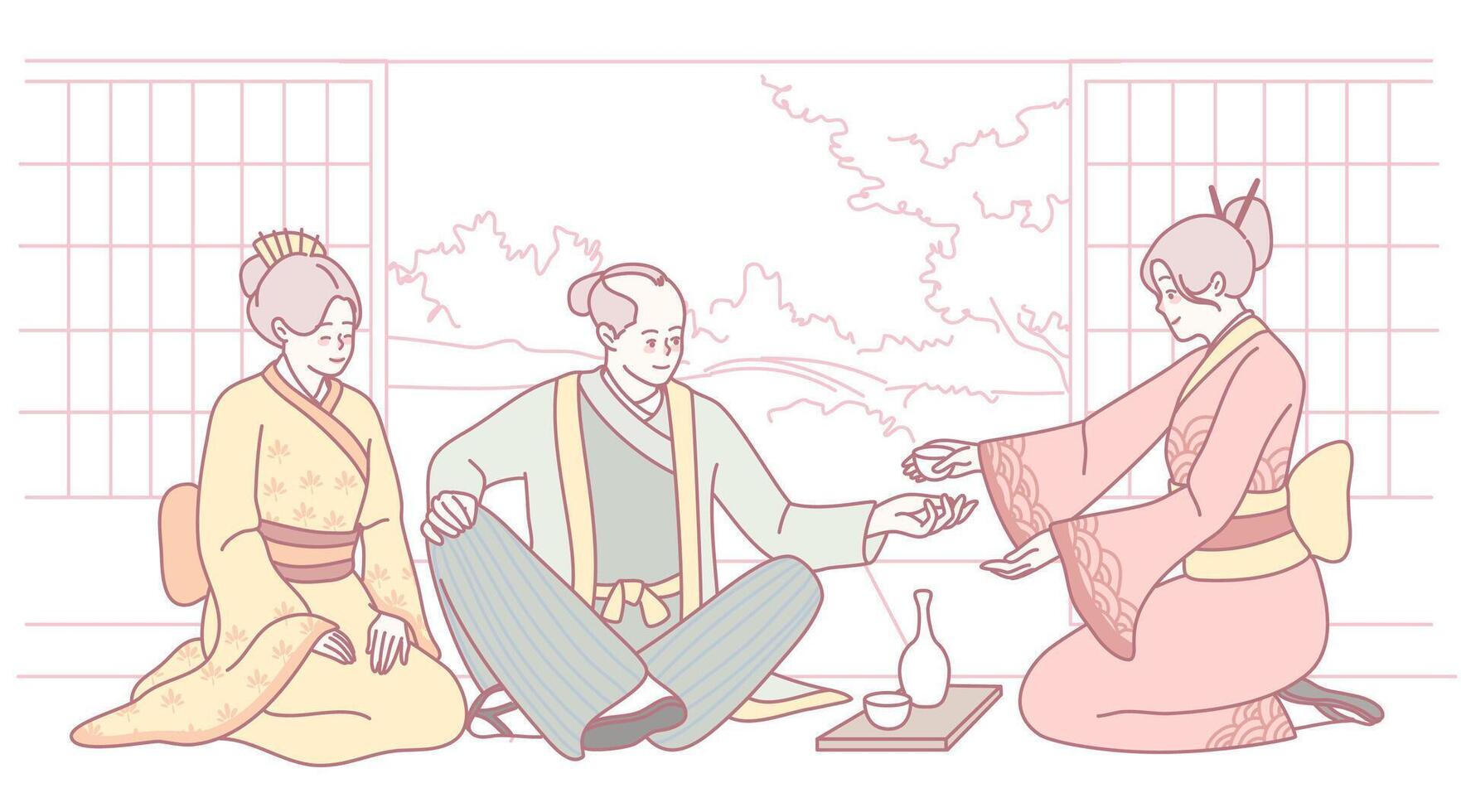 Enjoy an exquisite Traditional Tea Ceremony featuring Elegant Characters dressed in Kimono garments vector