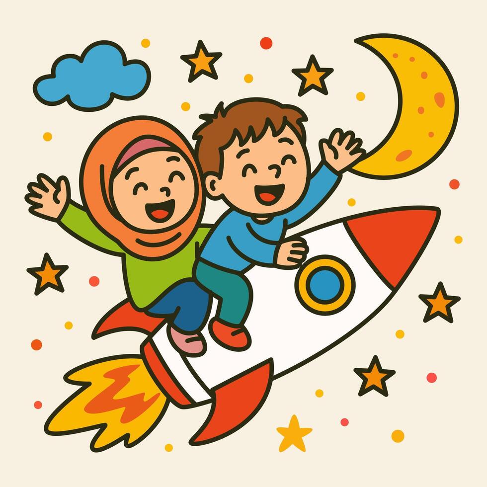 Two joyful children soar through the night sky on a rocket reaching for the moon vector