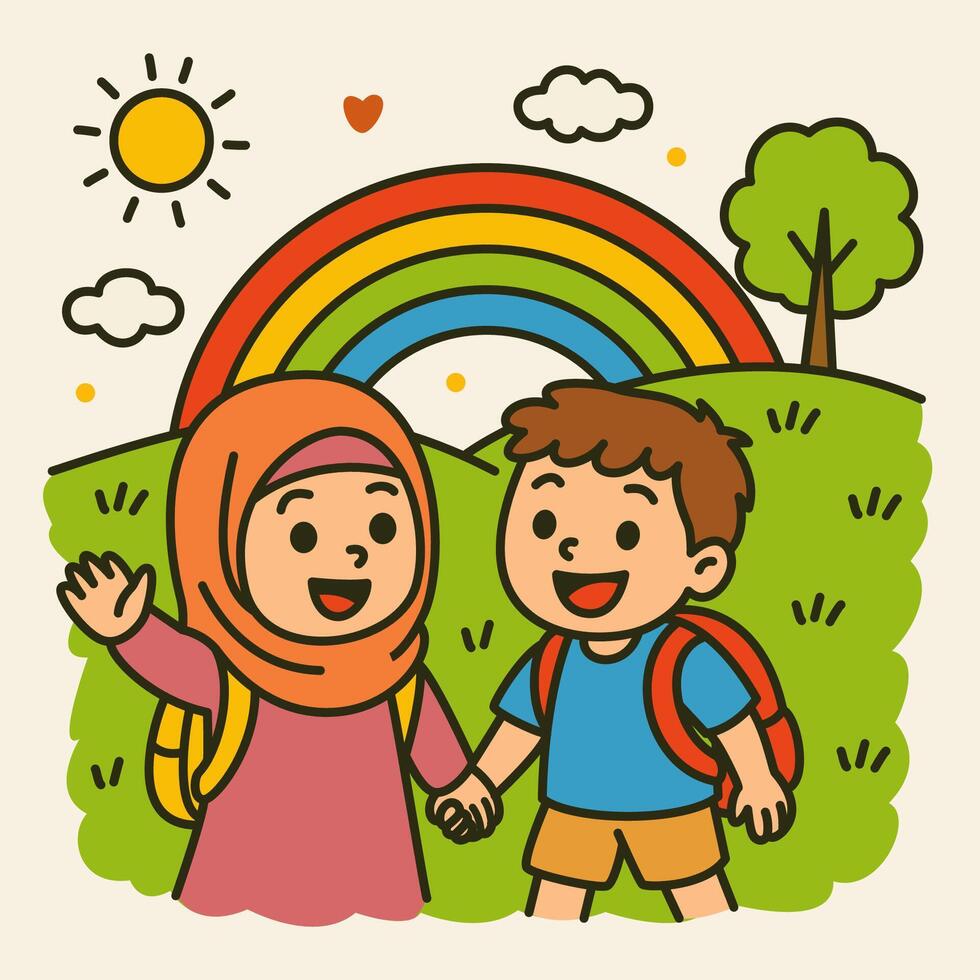 Two happy children holding hands and walking towards a rainbow vector
