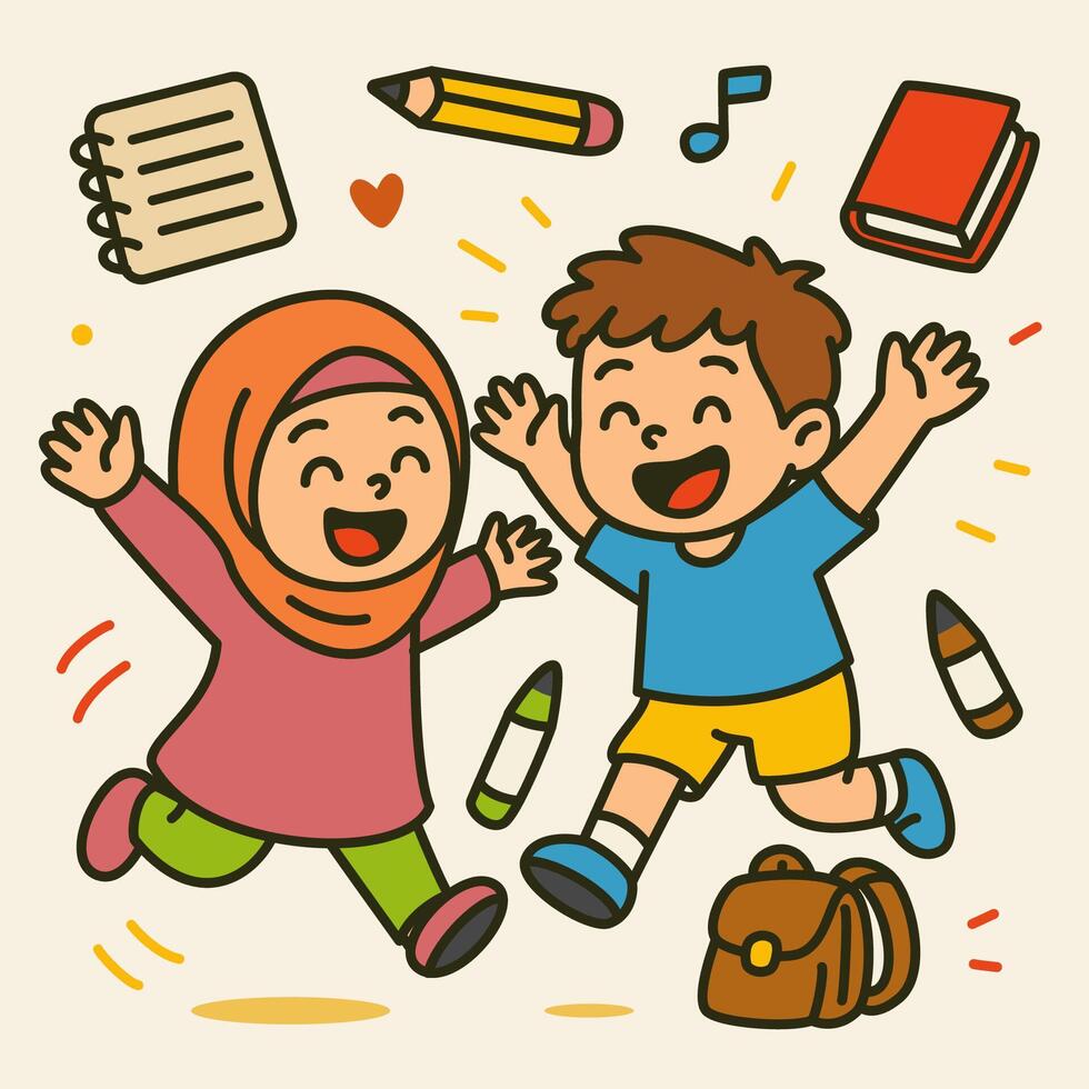 Joyful children leaping with excitement surrounded by school supplies vector