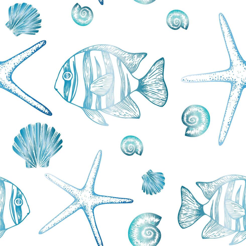 Seamless pattern with fish, pearl, stars, beautiful shells.. Hand painted line, Graphic clip art isolated on background. Underwater illustration. For designers, invitations, decoration, postcards vector