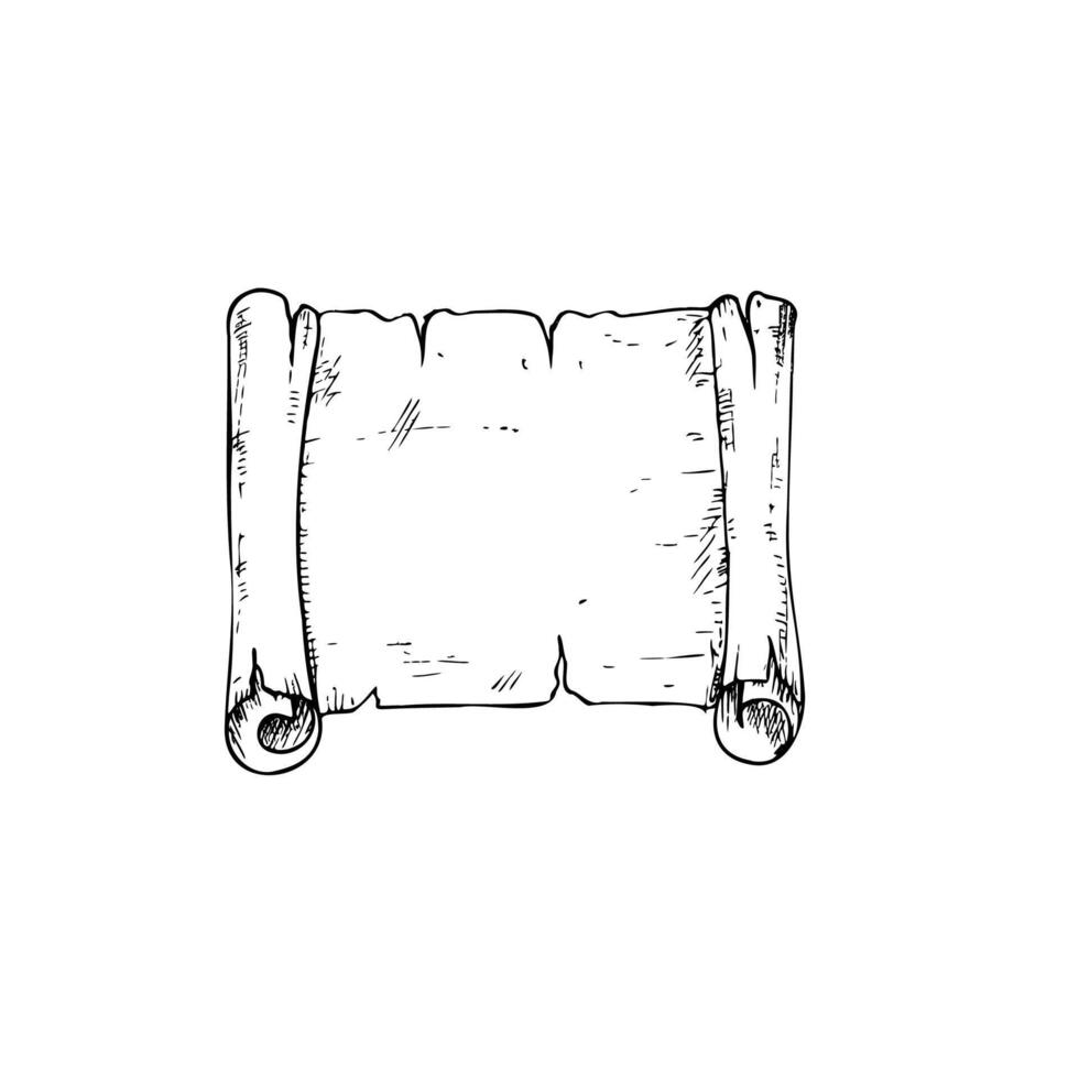old scroll paper. Hand painted linear parchment illustration. Graphic monochrome sketch isolated on background. For designers, prints, logo, icon, menu, postcards, holiday, covers vector