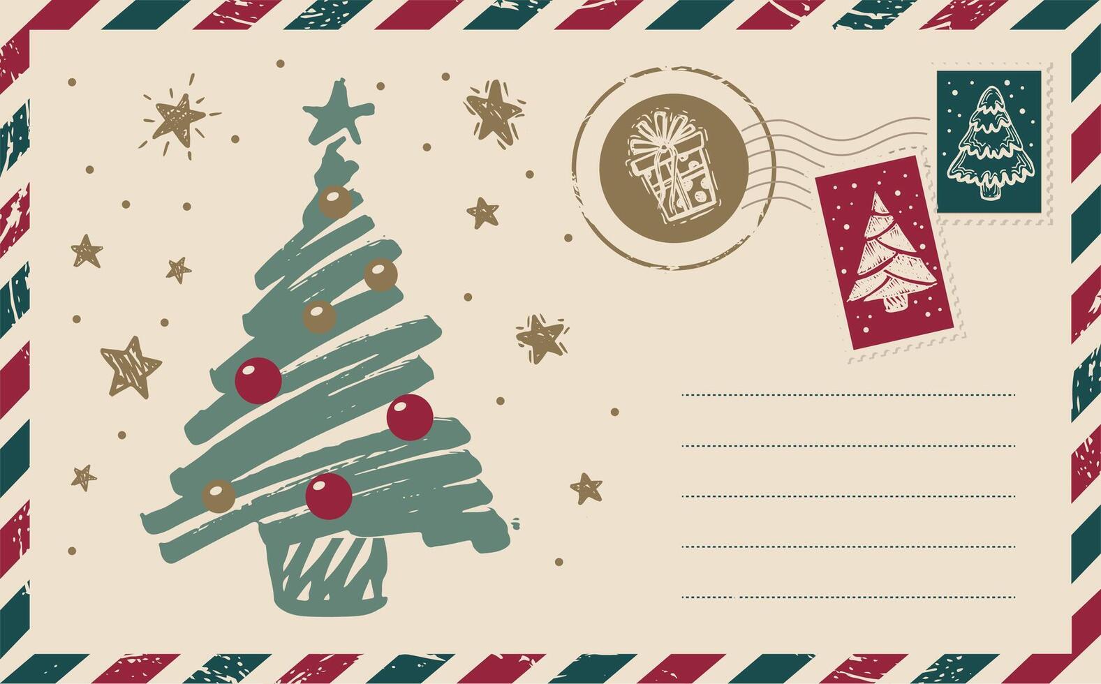 Christmas card with tree, postcard, hand drawn vector