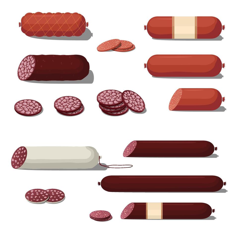 Set of sausage and Slices on a white vector