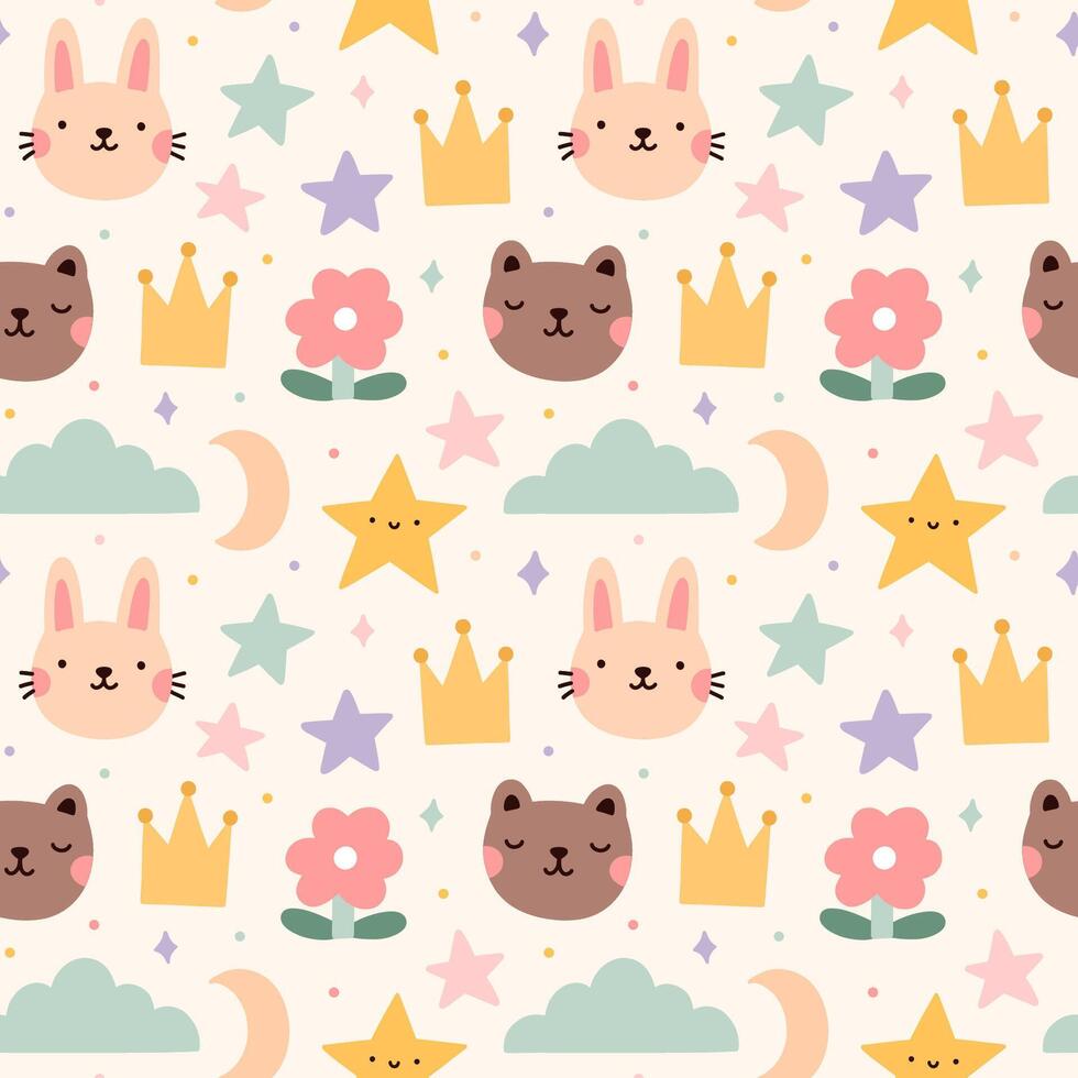 Cute seamless pattern with childish doodles in pastel colors - bear, bunny, crown, stars, flowers. hand-drawn flat illustration. Perfect for print, wrapping paper, wallpaper, fabric, textile. vector