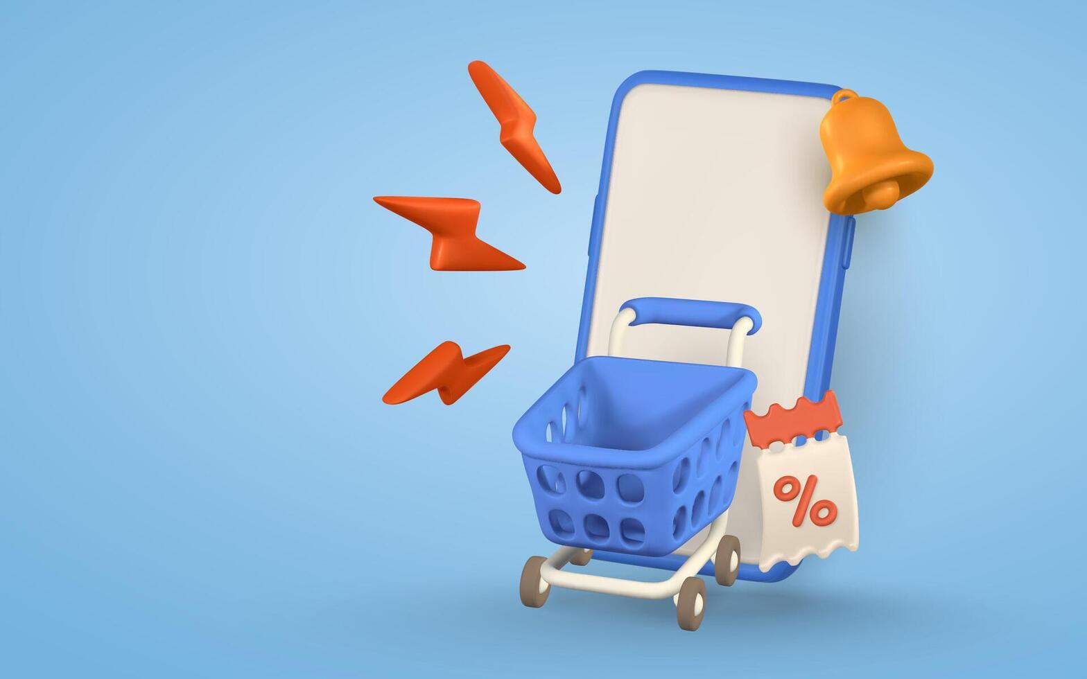 3d shop. Smartphone with shopping cart. Modern online shopping, application for smartphone. illustration vector