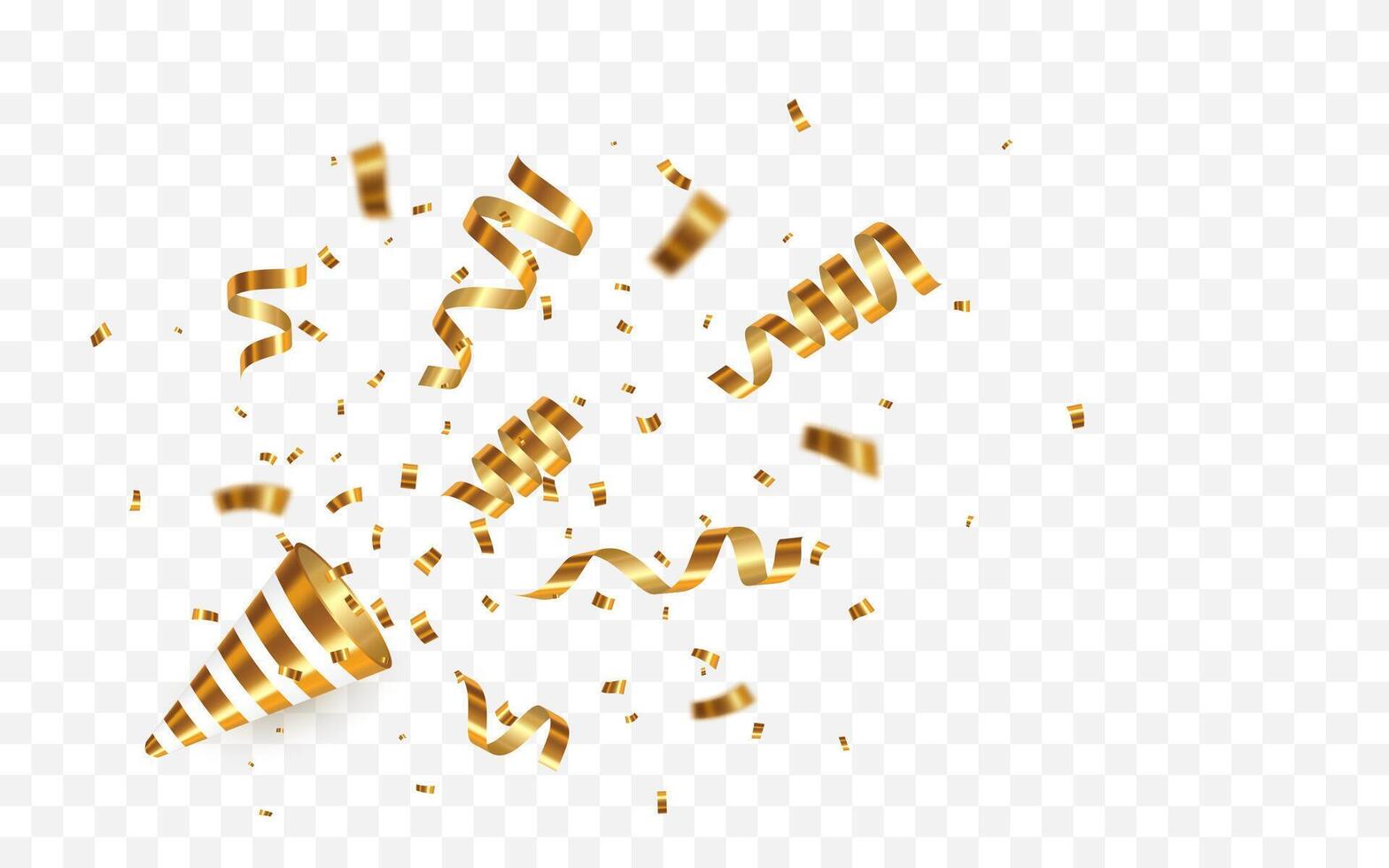 Exploding gold party popper Celebration carnival shiny glitter, luxury greeting card. illustration vector