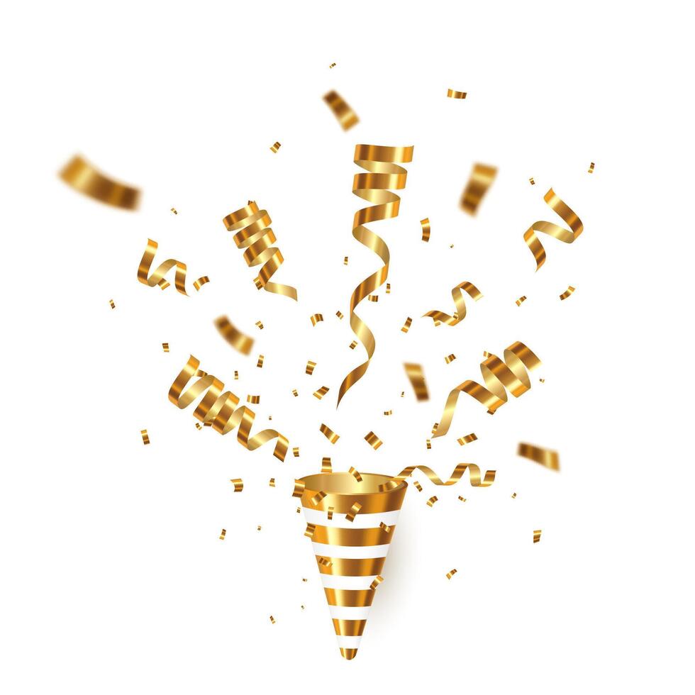 gold party popper with confetti and ribbon. Celebration carnival shiny glitter, luxury greeting card. illustration vector