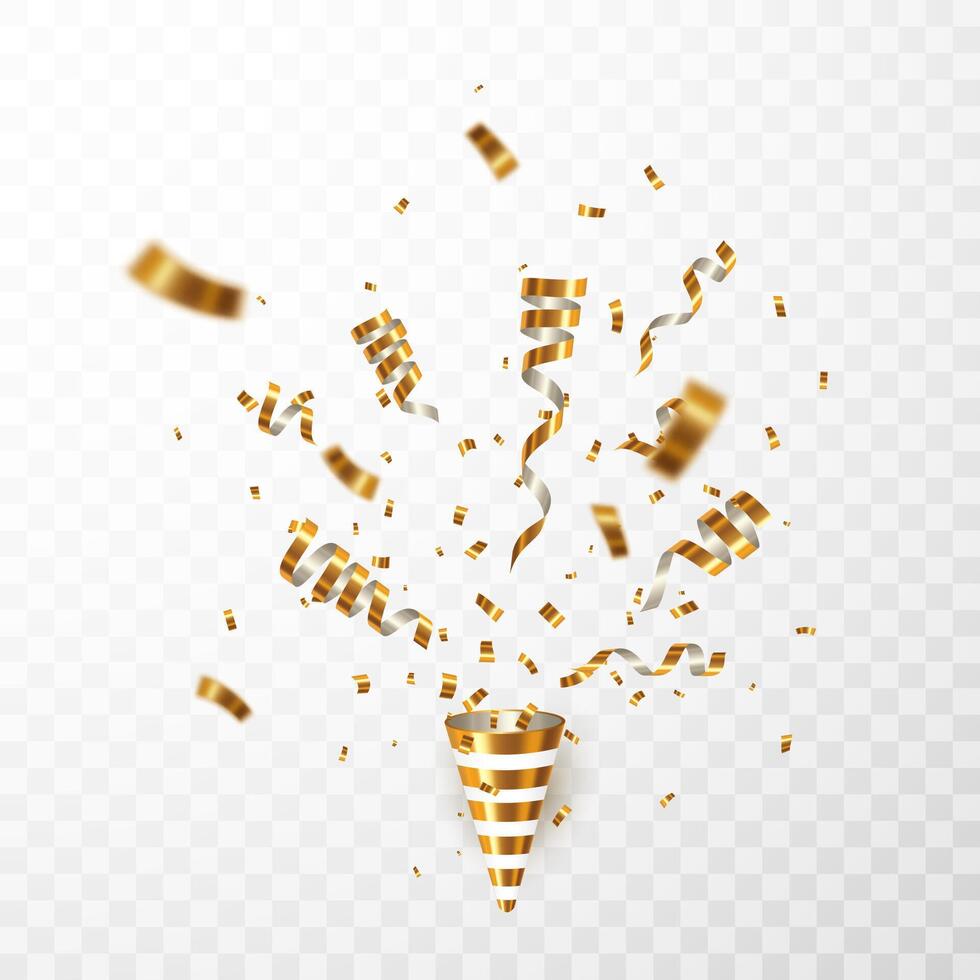 Exploding gold popper with confetti and ribbon. Celebration carnival shiny glitter, luxury greeting card. illustration vector