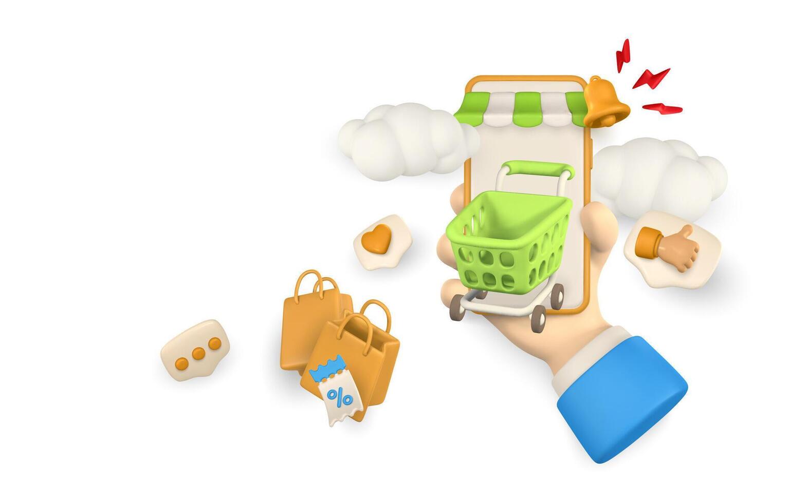 Phone in hand, shopping bags, cloud. Modern online shopping, application for smartphone. illustration vector