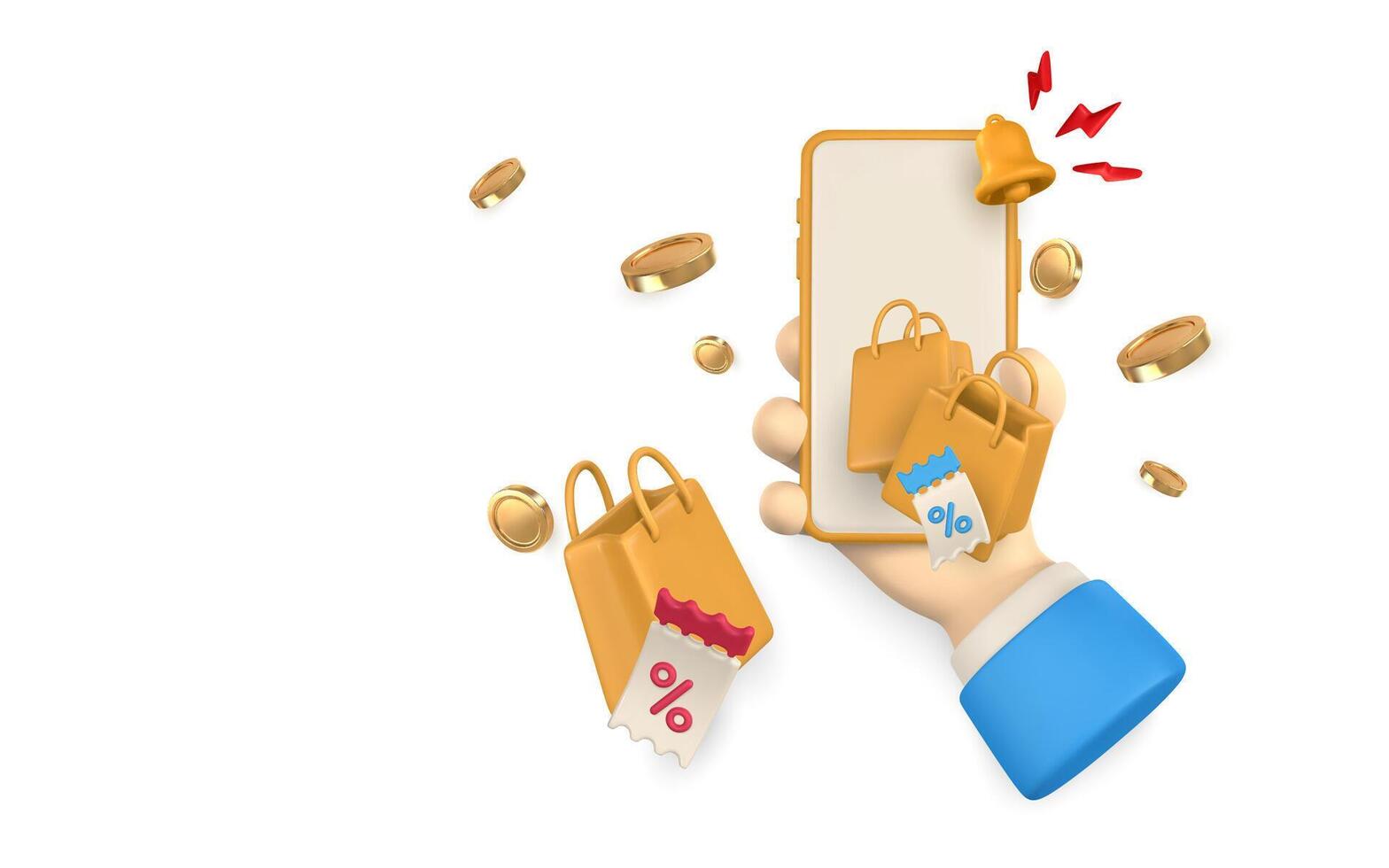 3d online shop. Phone in hand, shopping bags. Modern online shopping, application for smartphone. illustration vector
