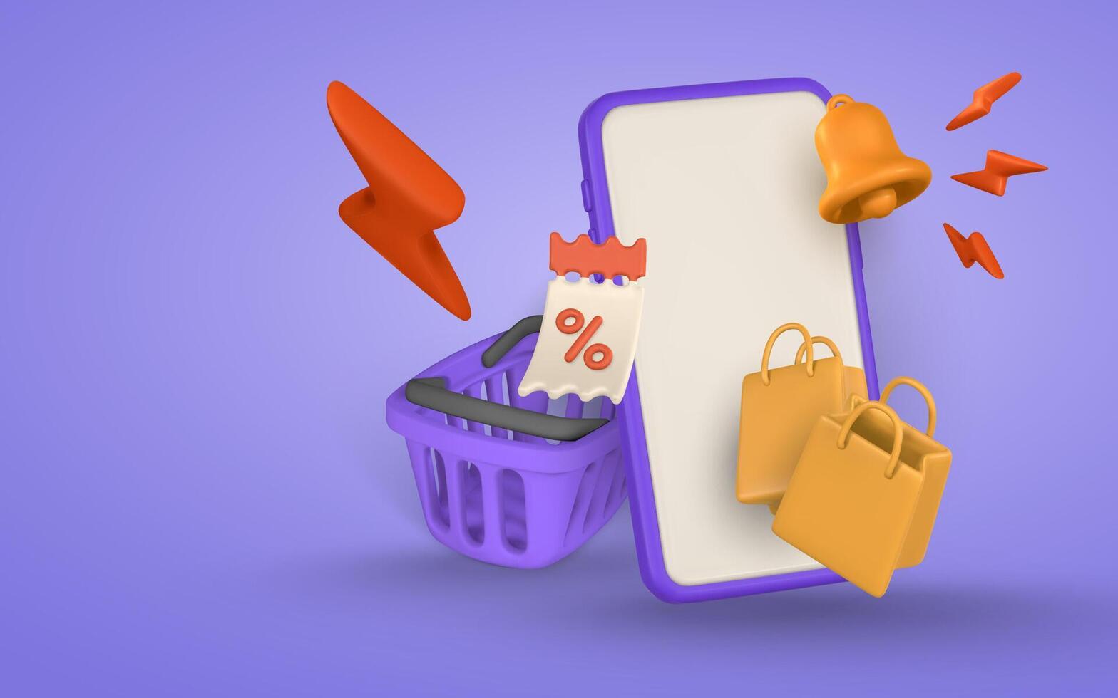 Smartphone with shopping bags and basket. Modern online shopping, application for smartphone. illustration vector