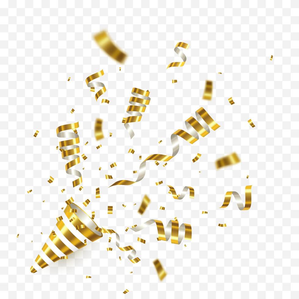 Exploding gold party popper confetti and ribbon. Celebration carnival shiny glitter, luxury greeting card. illustration vector