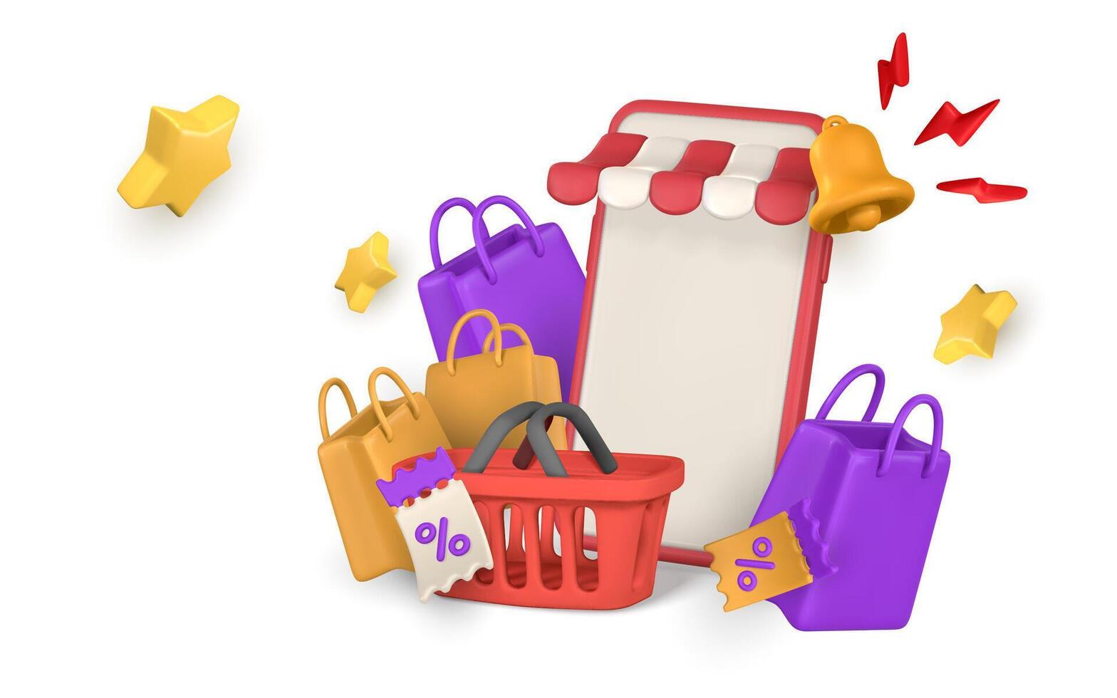 3d online shop. Smartphone with shopping bags and basket. Modern online shopping, application for smartphone. illustration vector