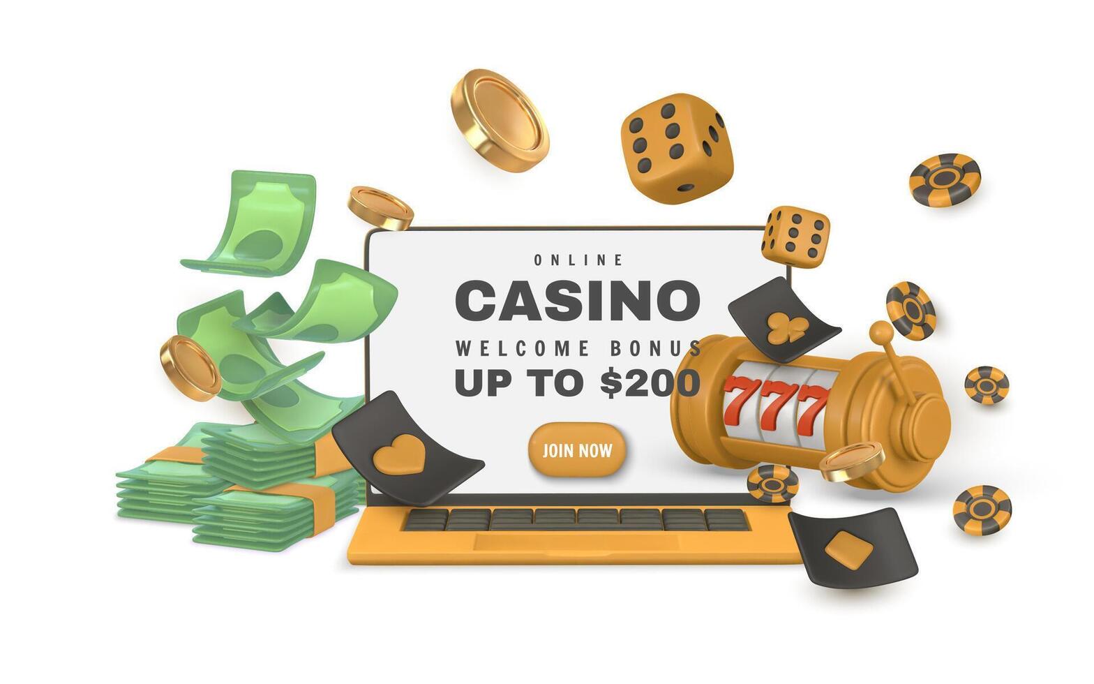 Realistic 3d casino game concept. Slot machine, playing cards, poker chips, laptop, green stack of money, dice, golden coin. illustration vector