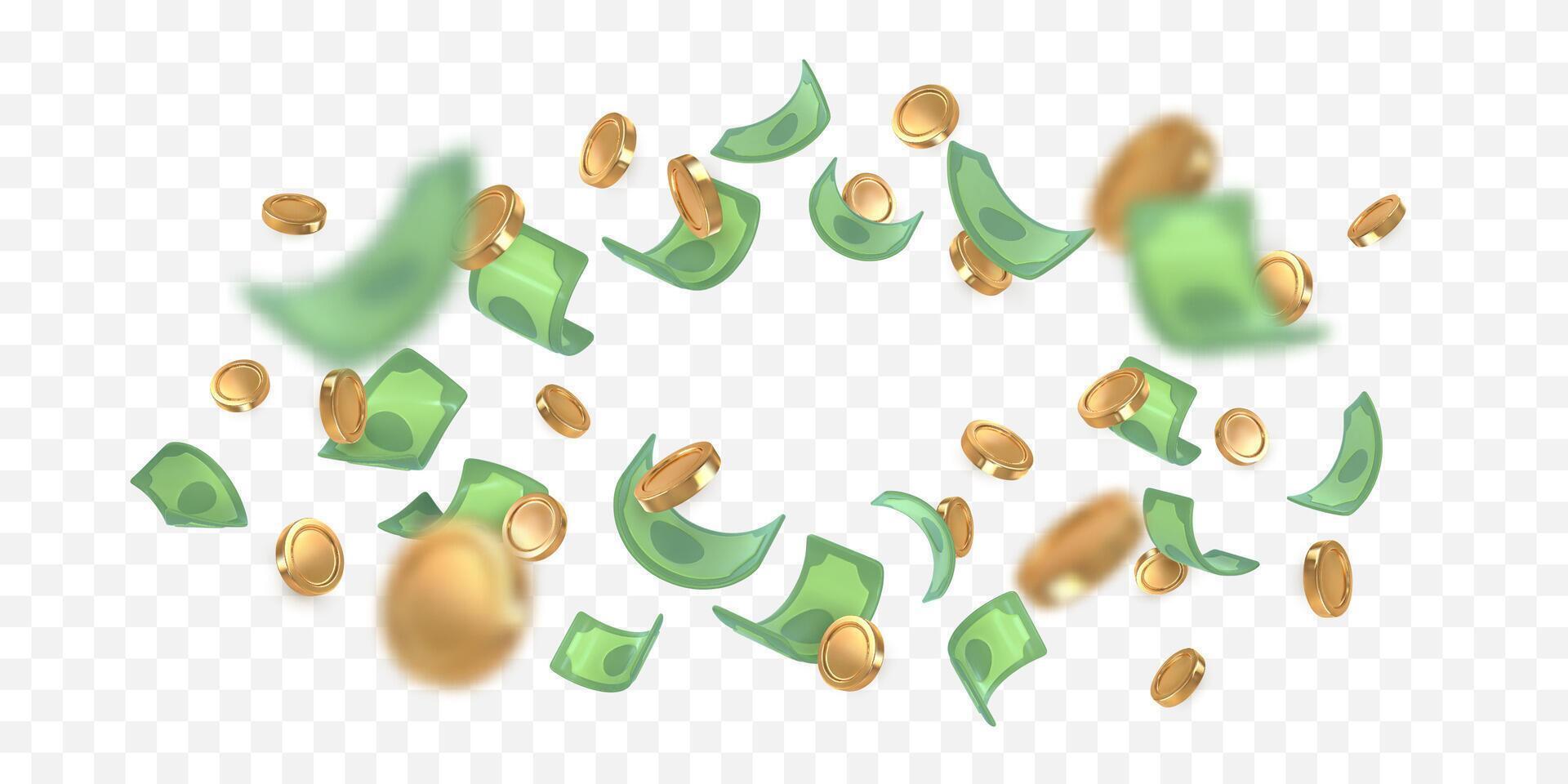 3d dollar notes and gold coins falling. Financial concept vector