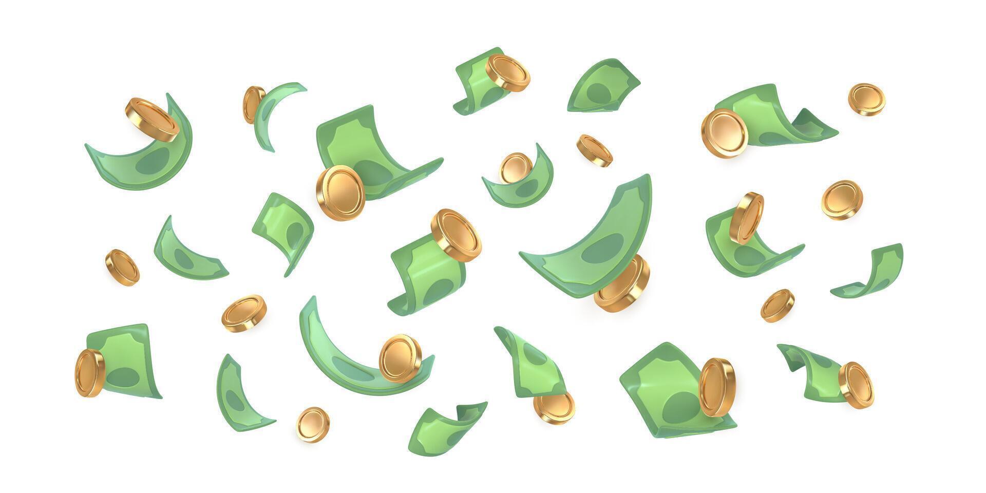 3d dollar notes and gold coins falling. Financial success concept. illustration vector