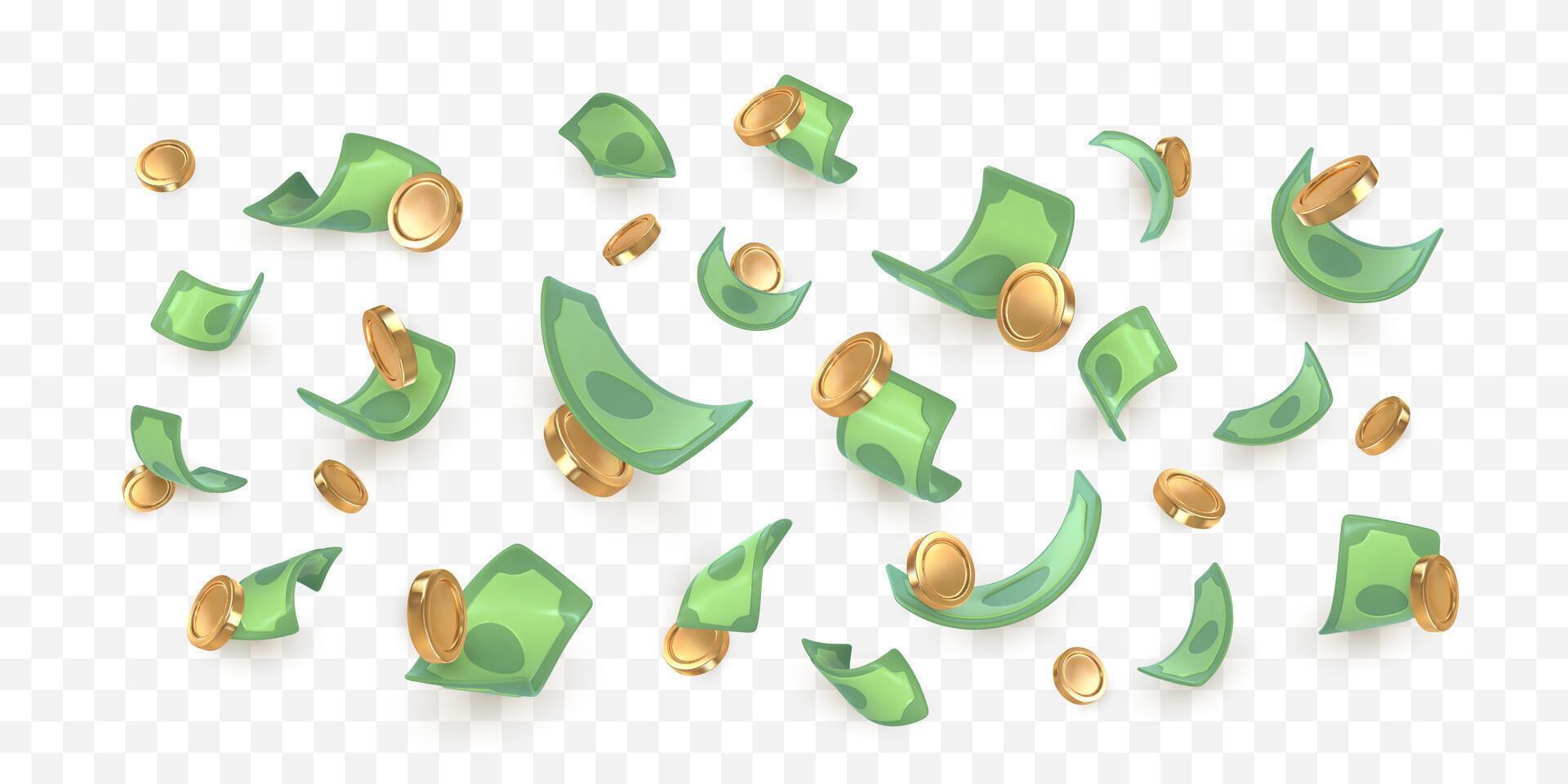 dollar notes gold coins falling. Financial success concept. vector
