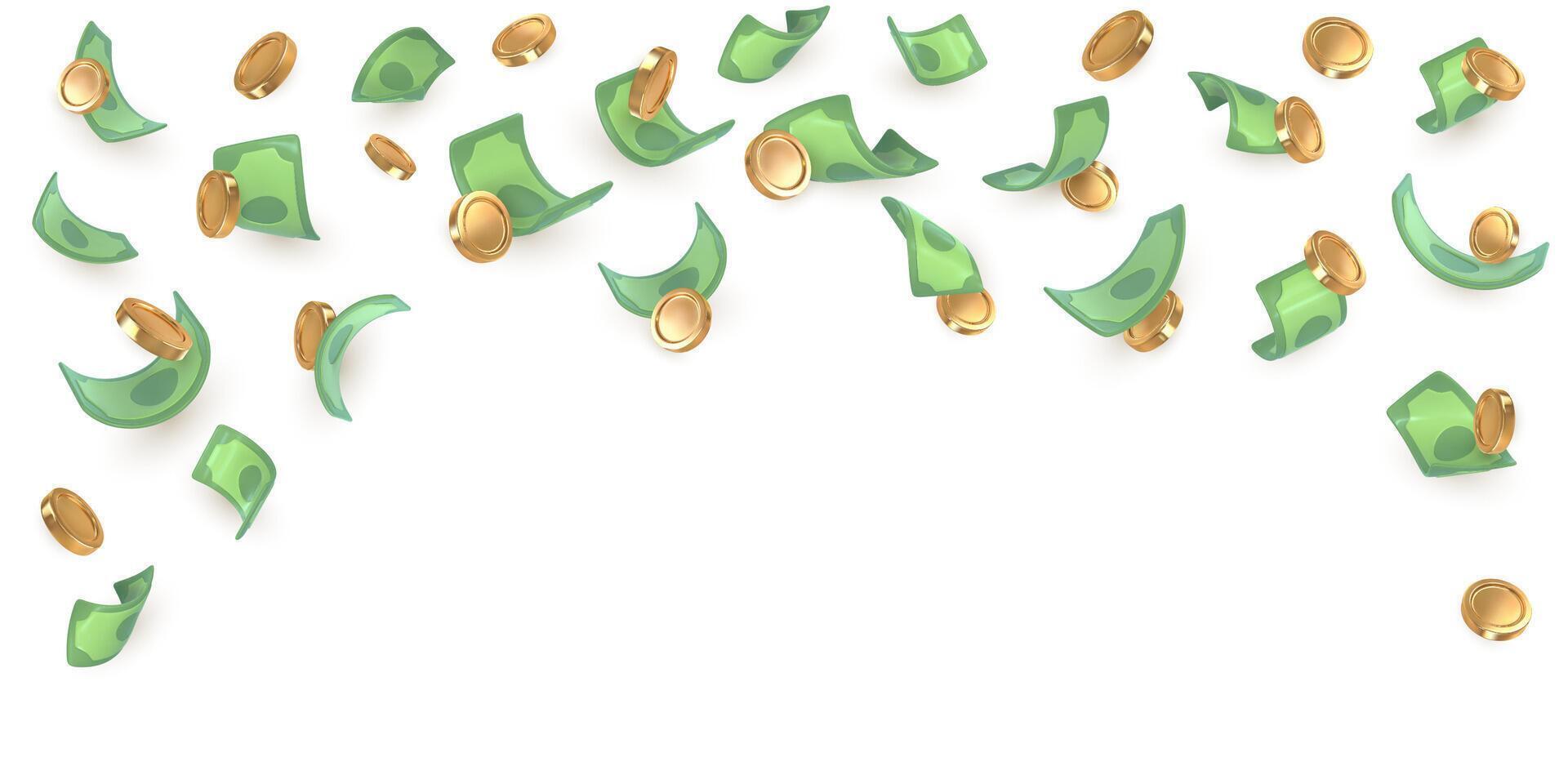 3d dollar notes gold coins falling. Financial success vector