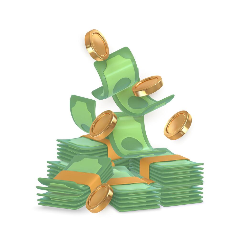 3d green stack money in cartoon style. Falling gold coin and twisted money. illustration vector