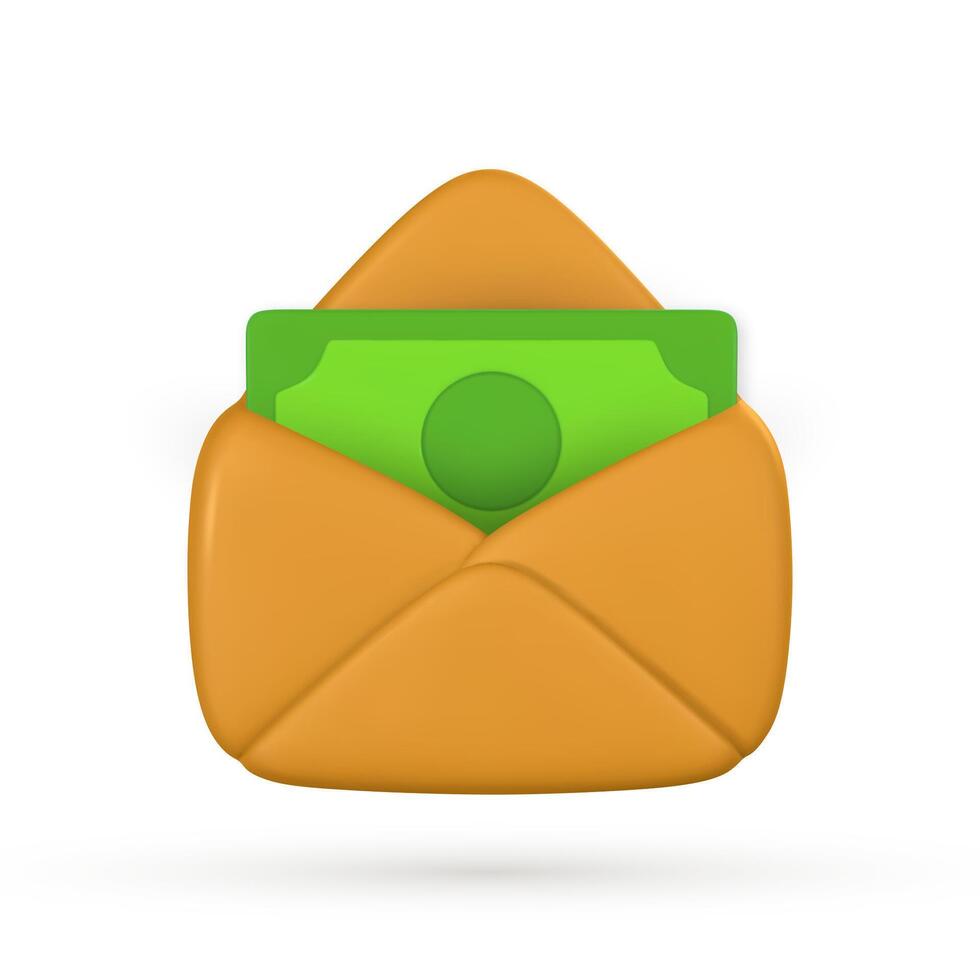 3d open envelope with green banknotes in cartoon style. Financial investment concept. illustration vector