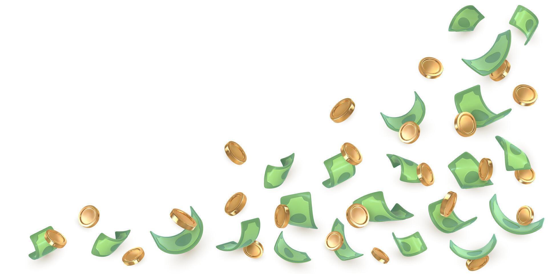 3d dollar notes coins falling. Financial success concept. illustration vector