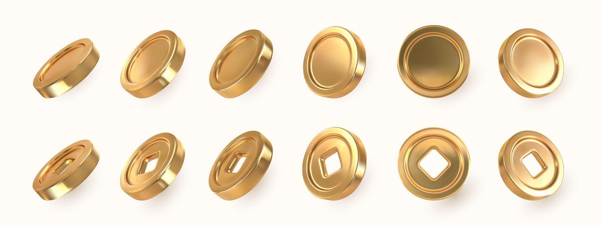 Set of realistic of gold coins and Ancient old gold coins of China, with square hole. illustration vector
