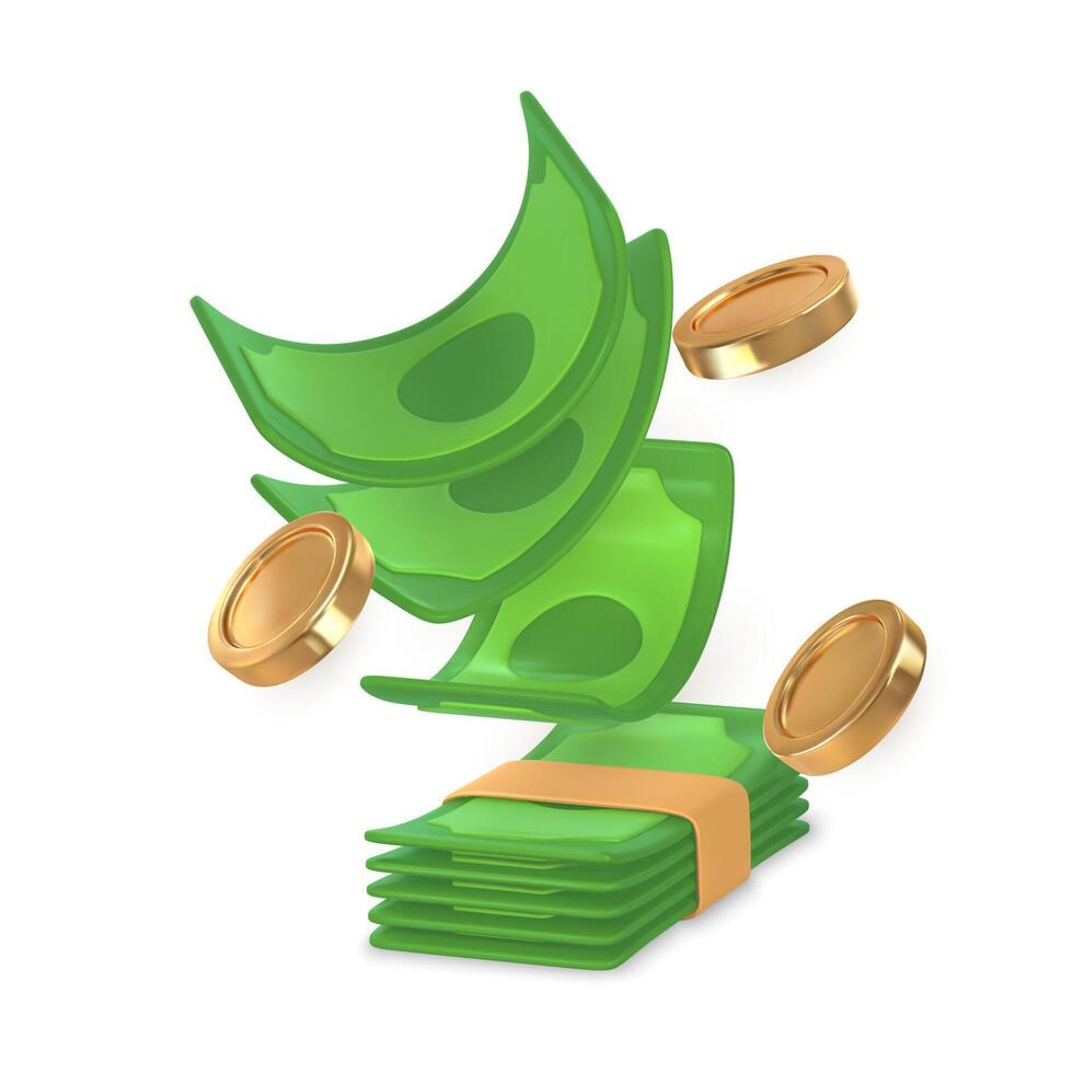 3d green stack of money Falling gold coin and twisted money. illustration vector
