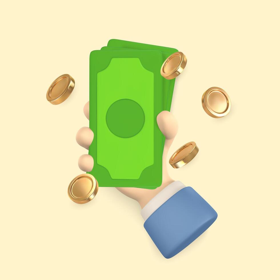 3d cartoon hand holds dollar. Falling gold coin. Concept of financial operation. illustration vector